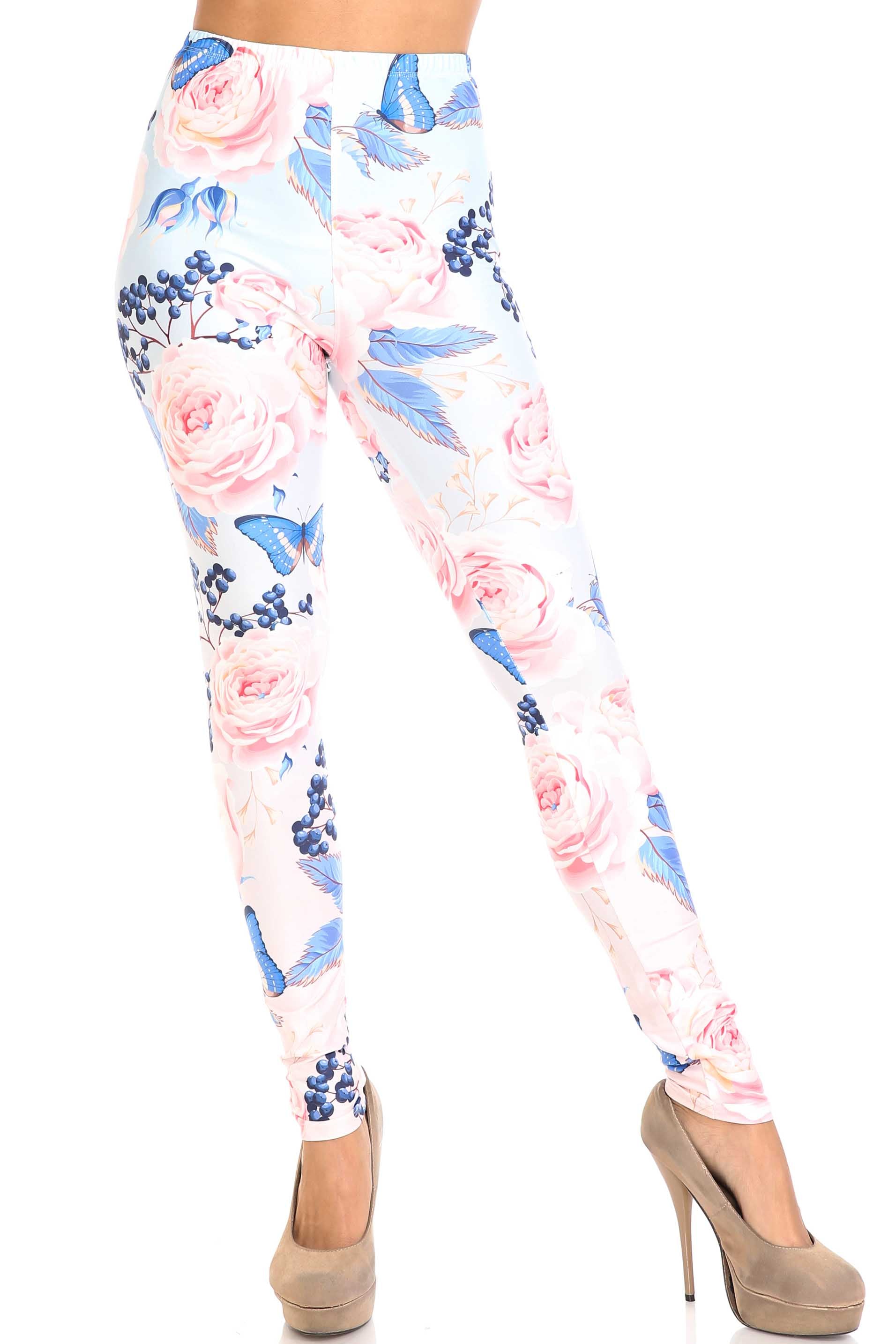 Creamy Soft Butterflies and Jumbo Pink Roses Plus Size Leggings - USA Fashion (One Size Plus,Pink)