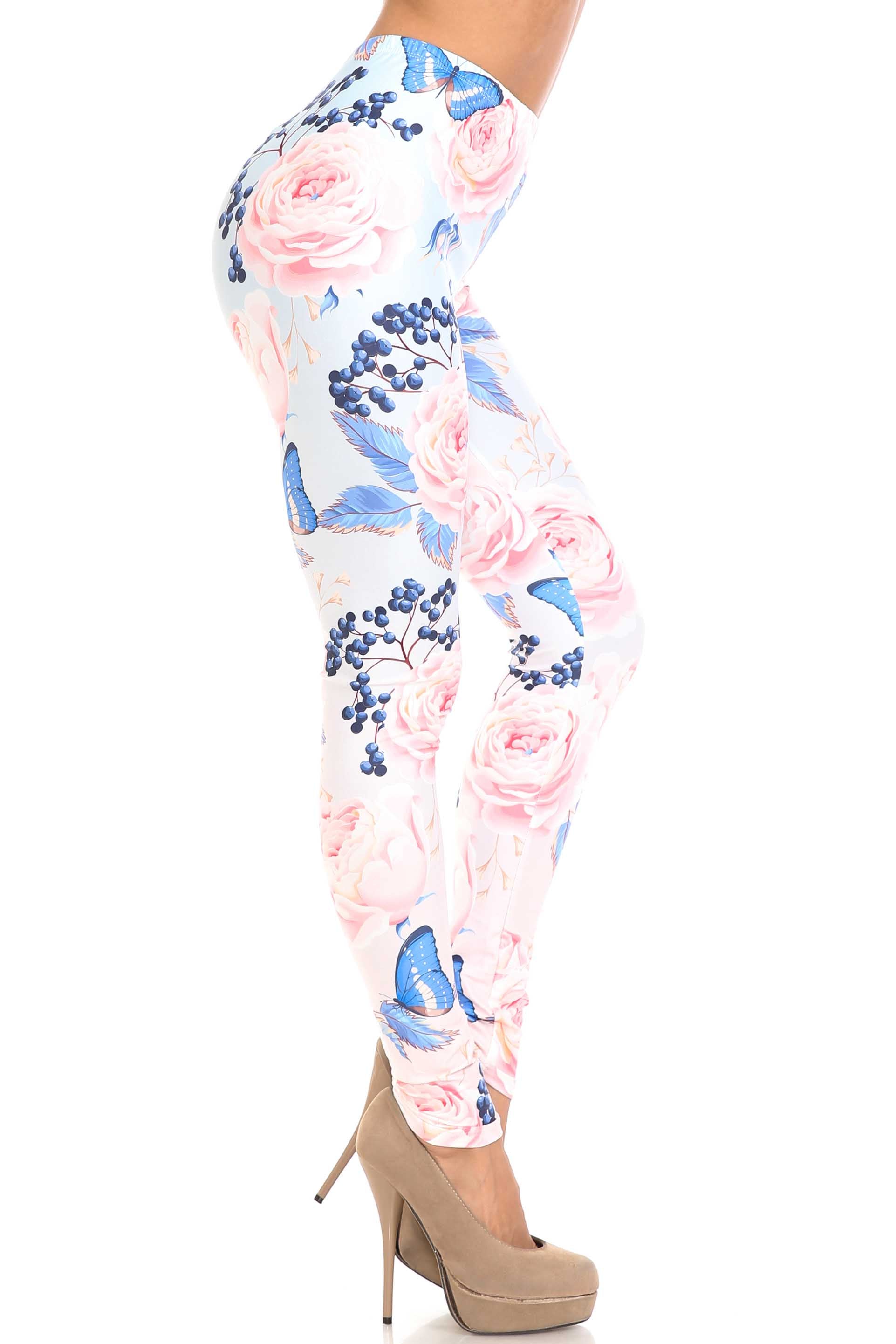 Creamy Soft Butterflies and Jumbo Pink Roses Plus Size Leggings - USA Fashion (One Size Plus,Pink)