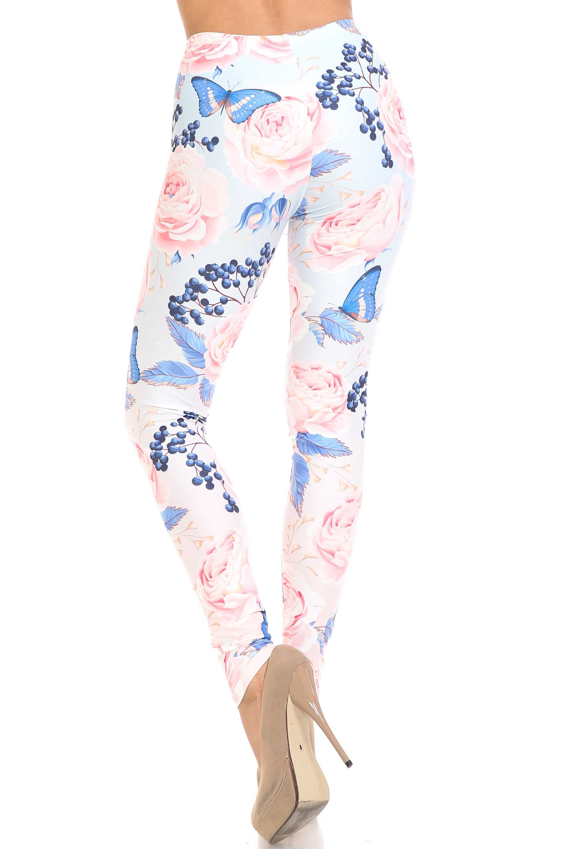 Creamy Soft Butterflies and Jumbo Pink Roses Plus Size Leggings - USA Fashion (One Size Plus,Pink)