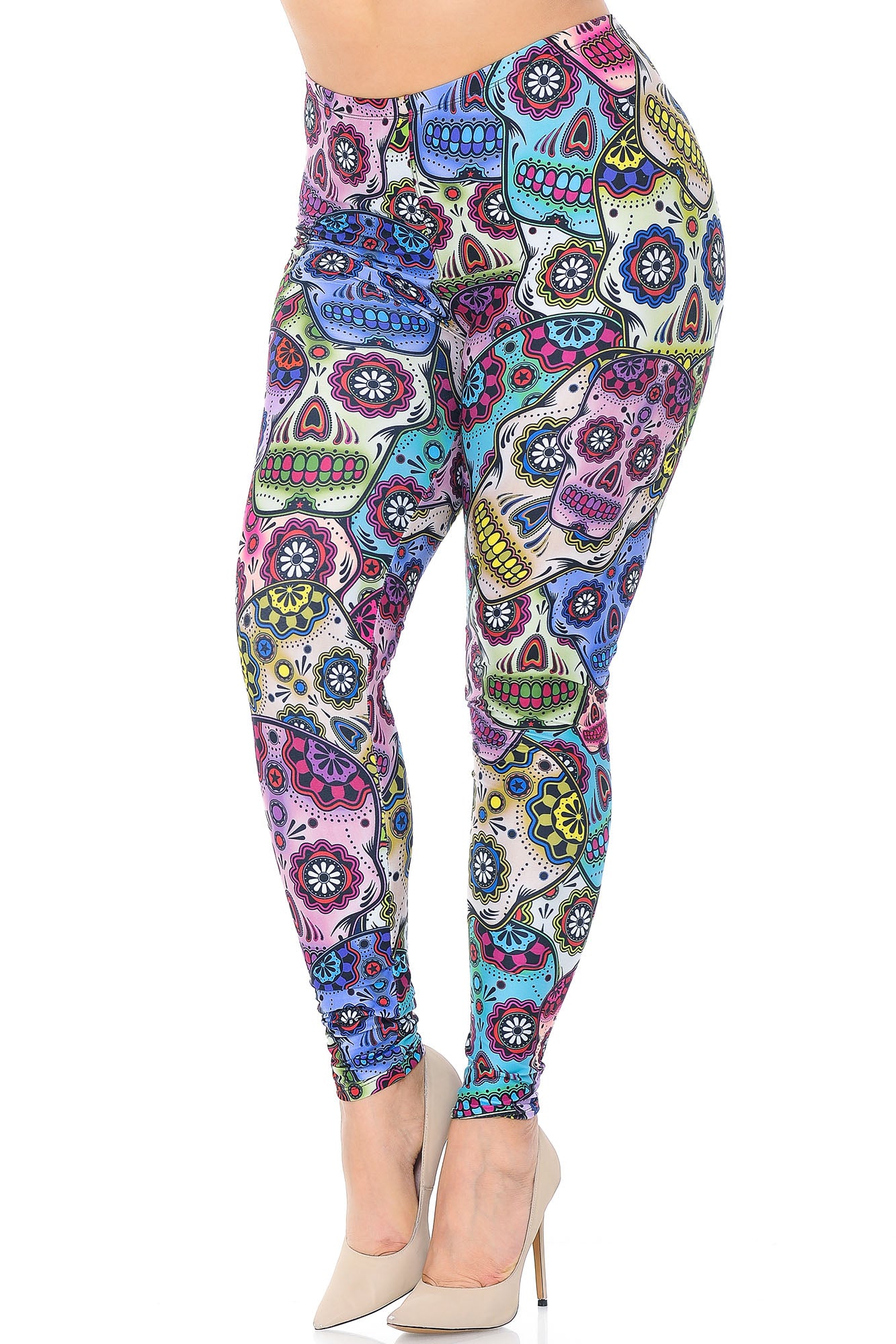 Creamy Soft Sugar Skull Plus Size Leggings - USA Fashion (One Size Plus,Multi Color Bold)