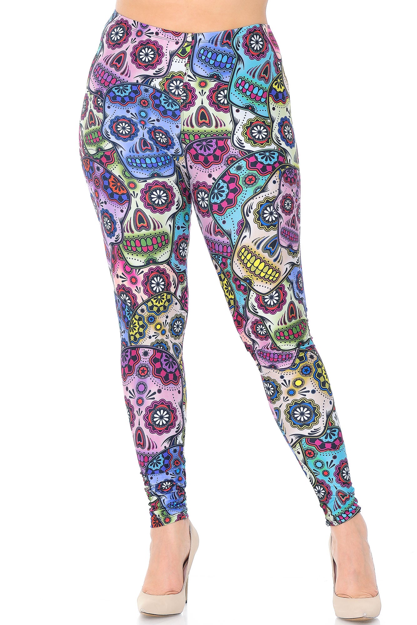 Creamy Soft Sugar Skull Plus Size Leggings - USA Fashion (One Size Plus,Multi Color Bold)