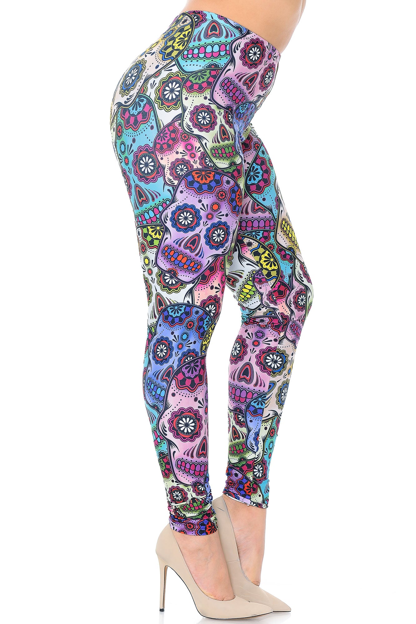 Creamy Soft Sugar Skull Plus Size Leggings - USA Fashion (One Size Plus,Multi Color Bold)
