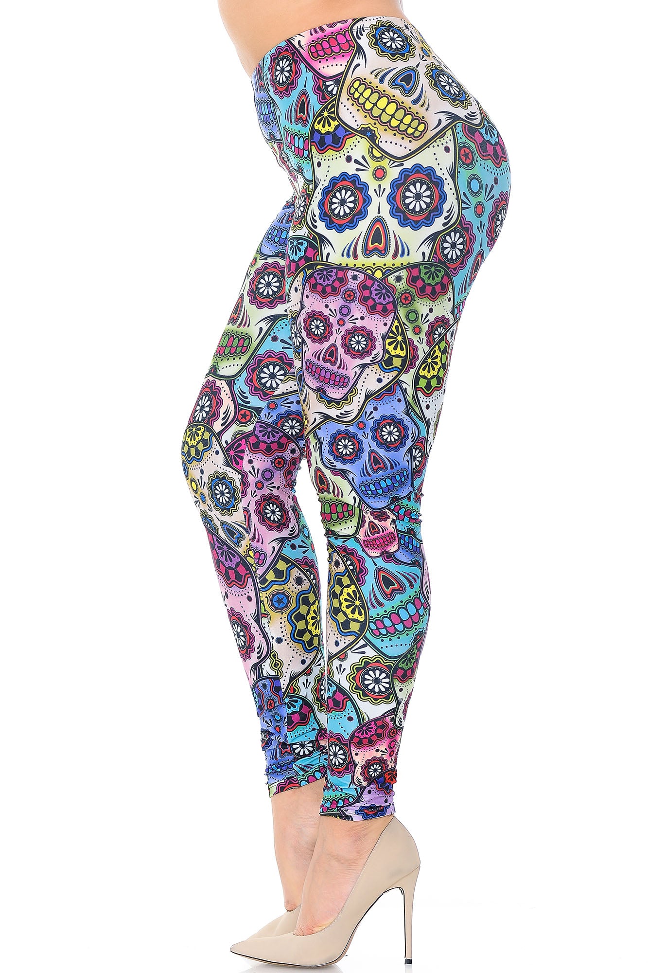 Creamy Soft Sugar Skull Plus Size Leggings - USA Fashion (One Size Plus,Multi Color Bold)