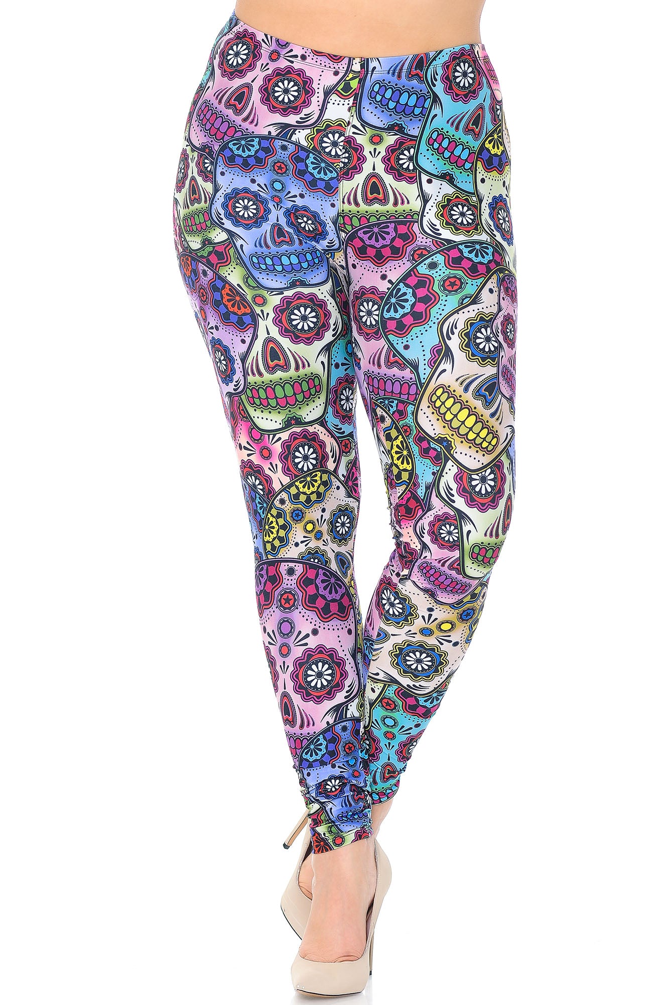 Creamy Soft Sugar Skull Plus Size Leggings - USA Fashion (One Size Plus,Multi Color Bold)