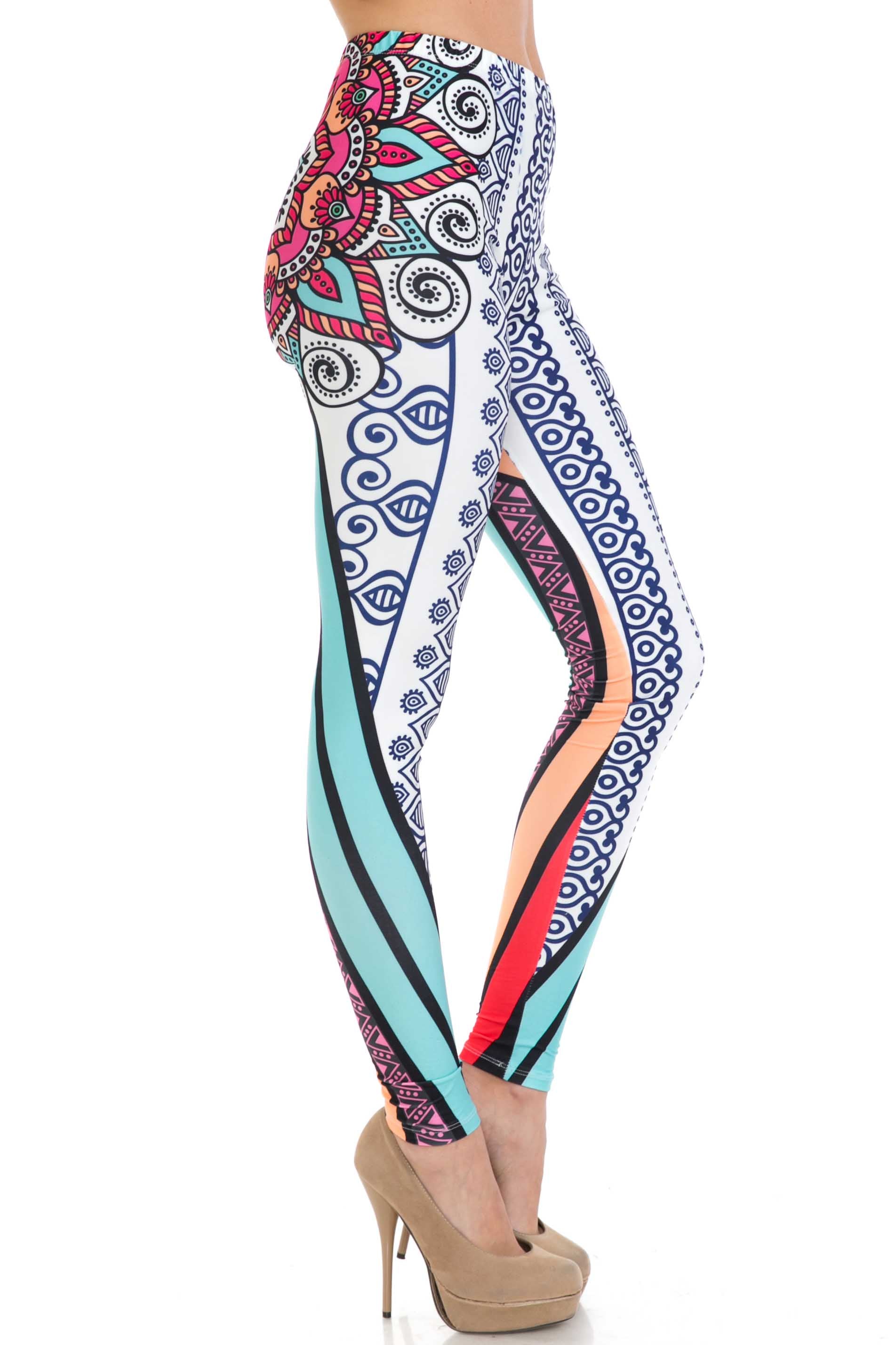 Creamy Soft Sexy Vertical Contouring Mandala Plus Size Leggings - USA Fashion (One Size Plus,Multi Color Bold)