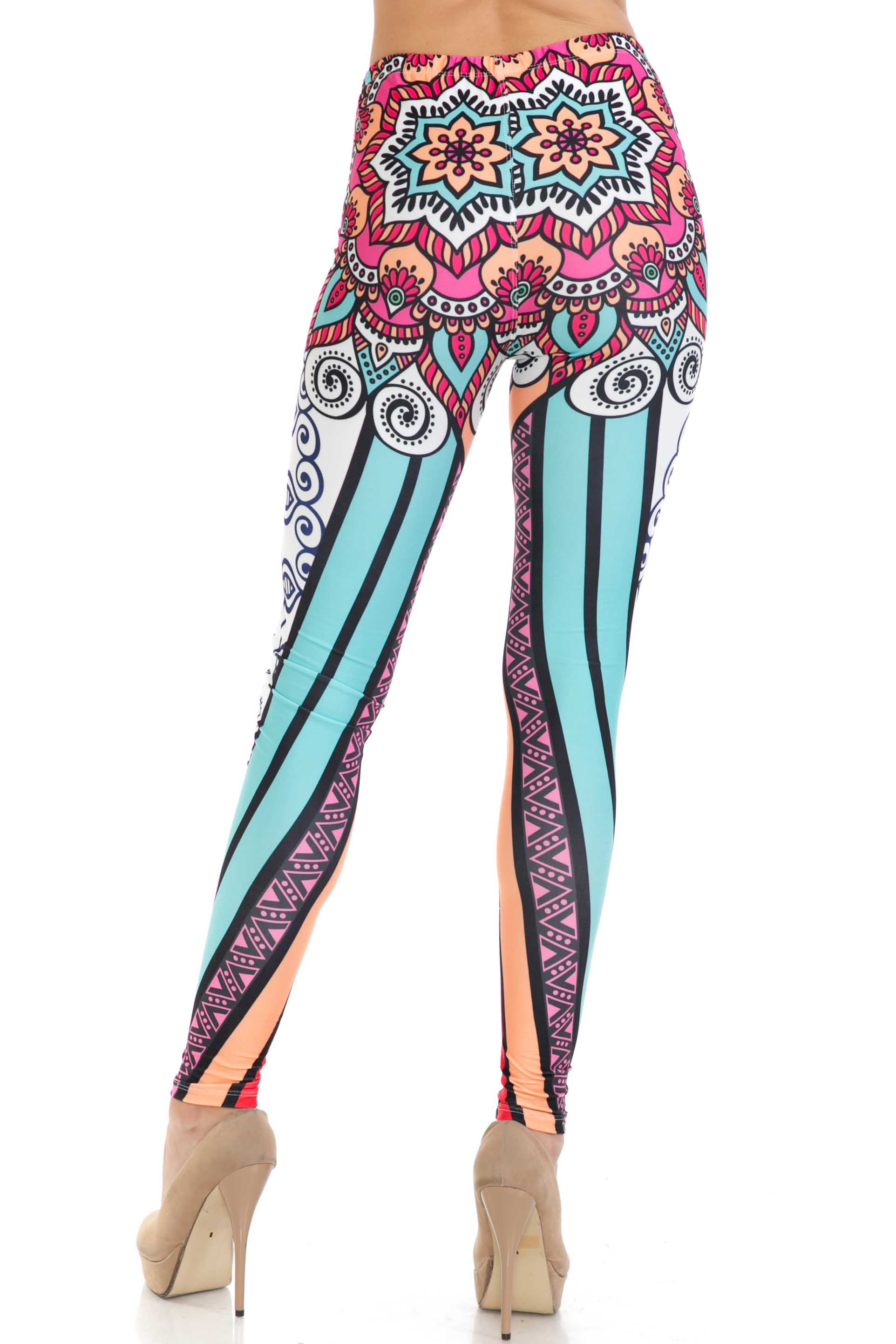 Creamy Soft Sexy Vertical Contouring Mandala Plus Size Leggings - USA Fashion (One Size Plus,Multi Color Bold)