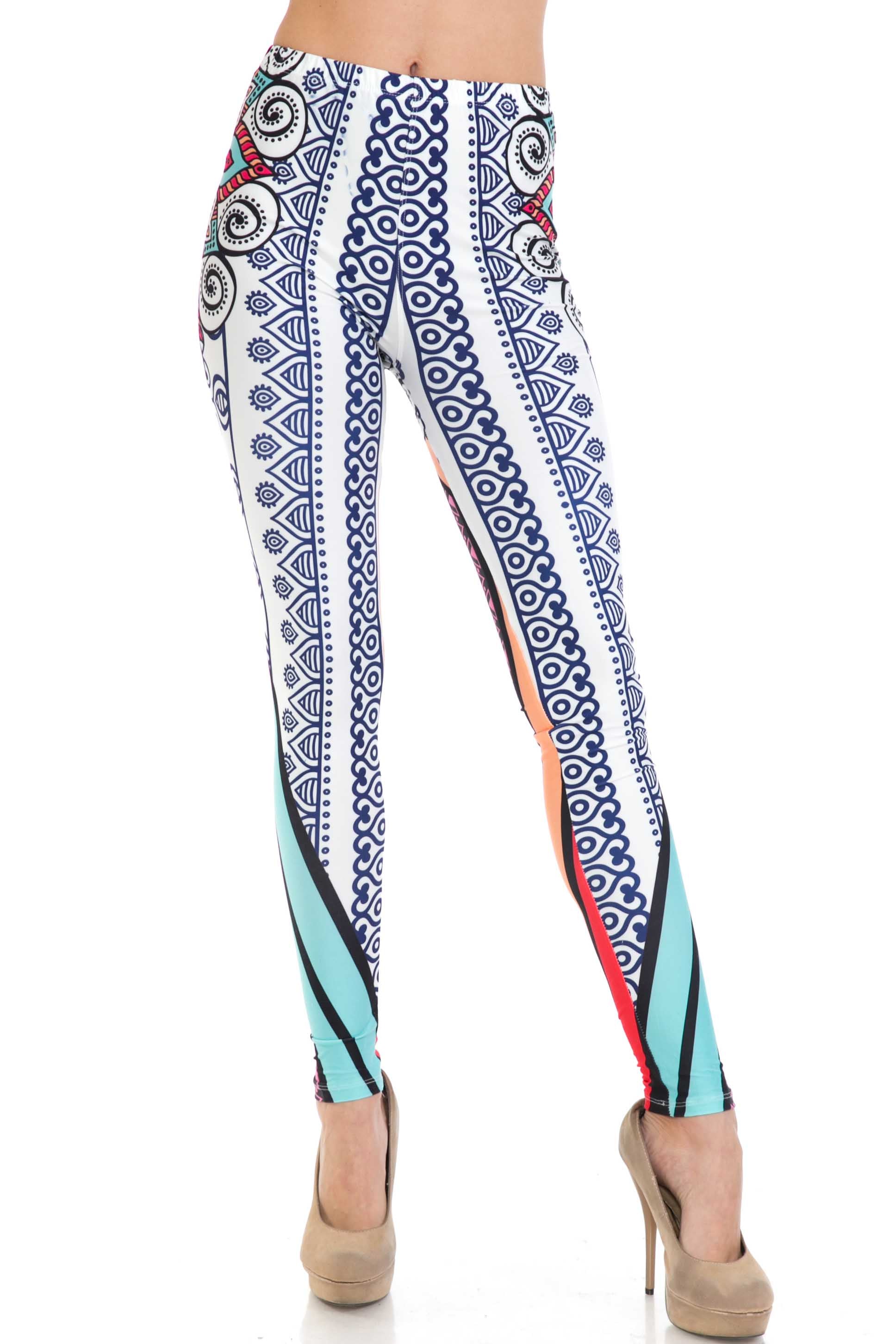 Creamy Soft Sexy Vertical Contouring Mandala Plus Size Leggings - USA Fashion (One Size Plus,Multi Color Bold)