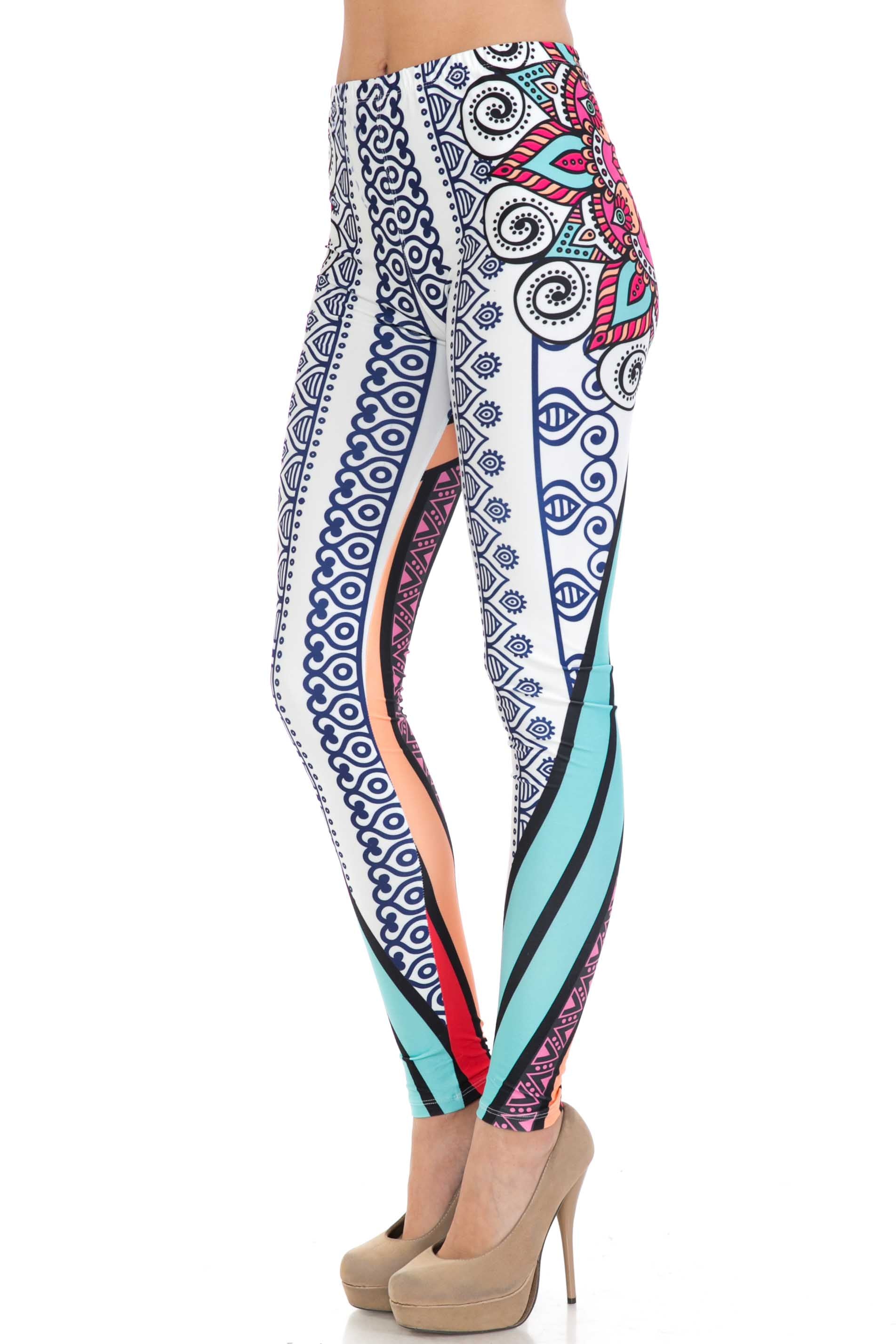 Creamy Soft Sexy Vertical Contouring Mandala Plus Size Leggings - USA Fashion (One Size Plus,Multi Color Bold)