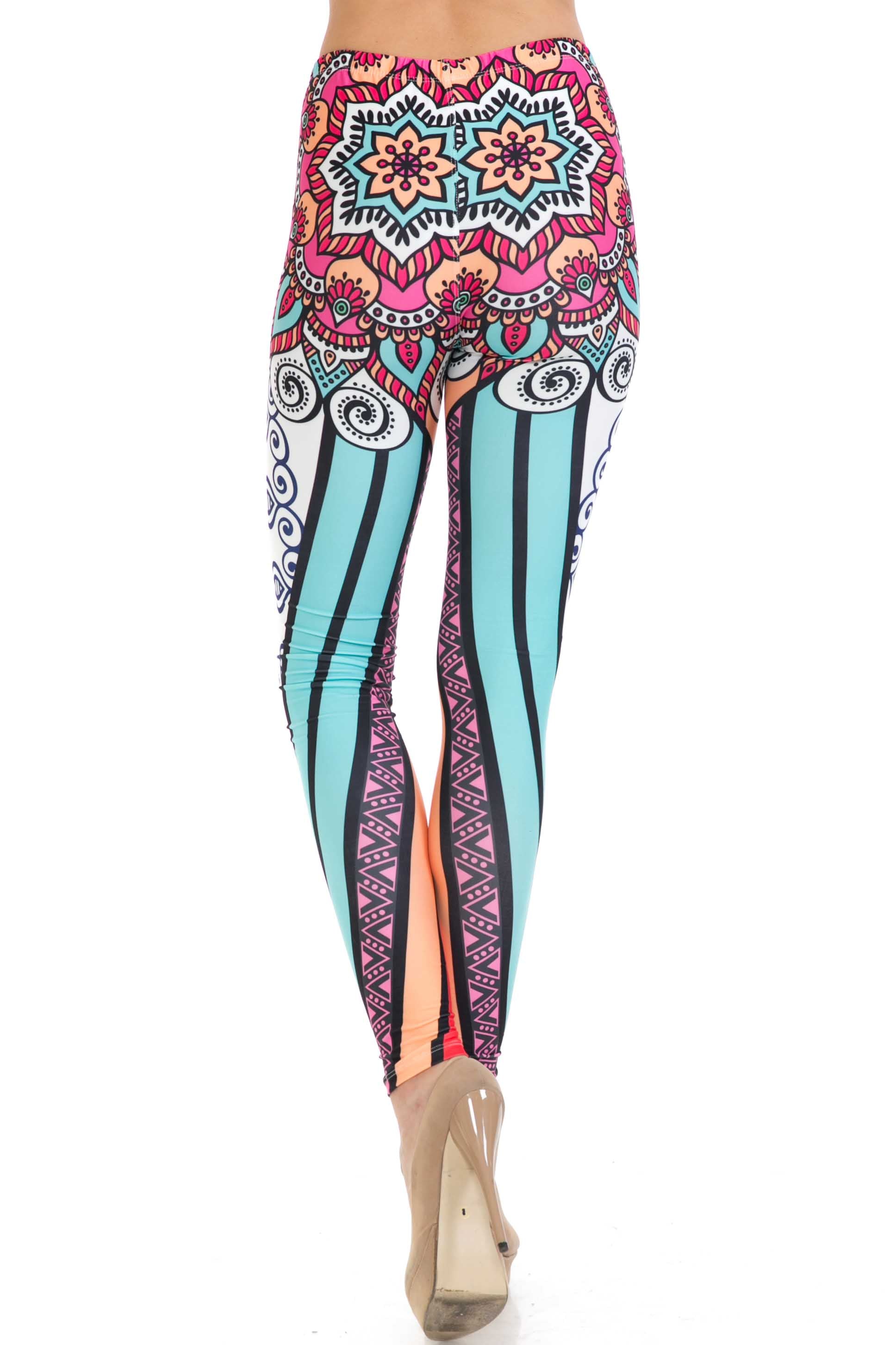 Creamy Soft Sexy Vertical Contouring Mandala Plus Size Leggings - USA Fashion (One Size Plus,Multi Color Bold)