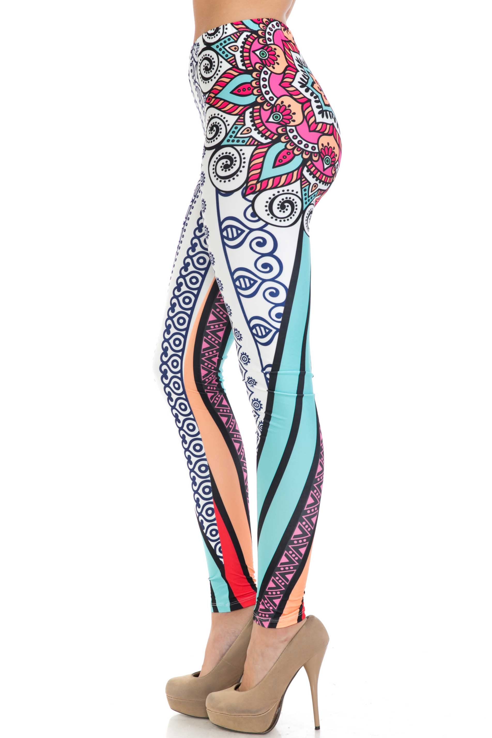 Creamy Soft Sexy Vertical Contouring Mandala Plus Size Leggings - USA Fashion (One Size Plus,Multi Color Bold)