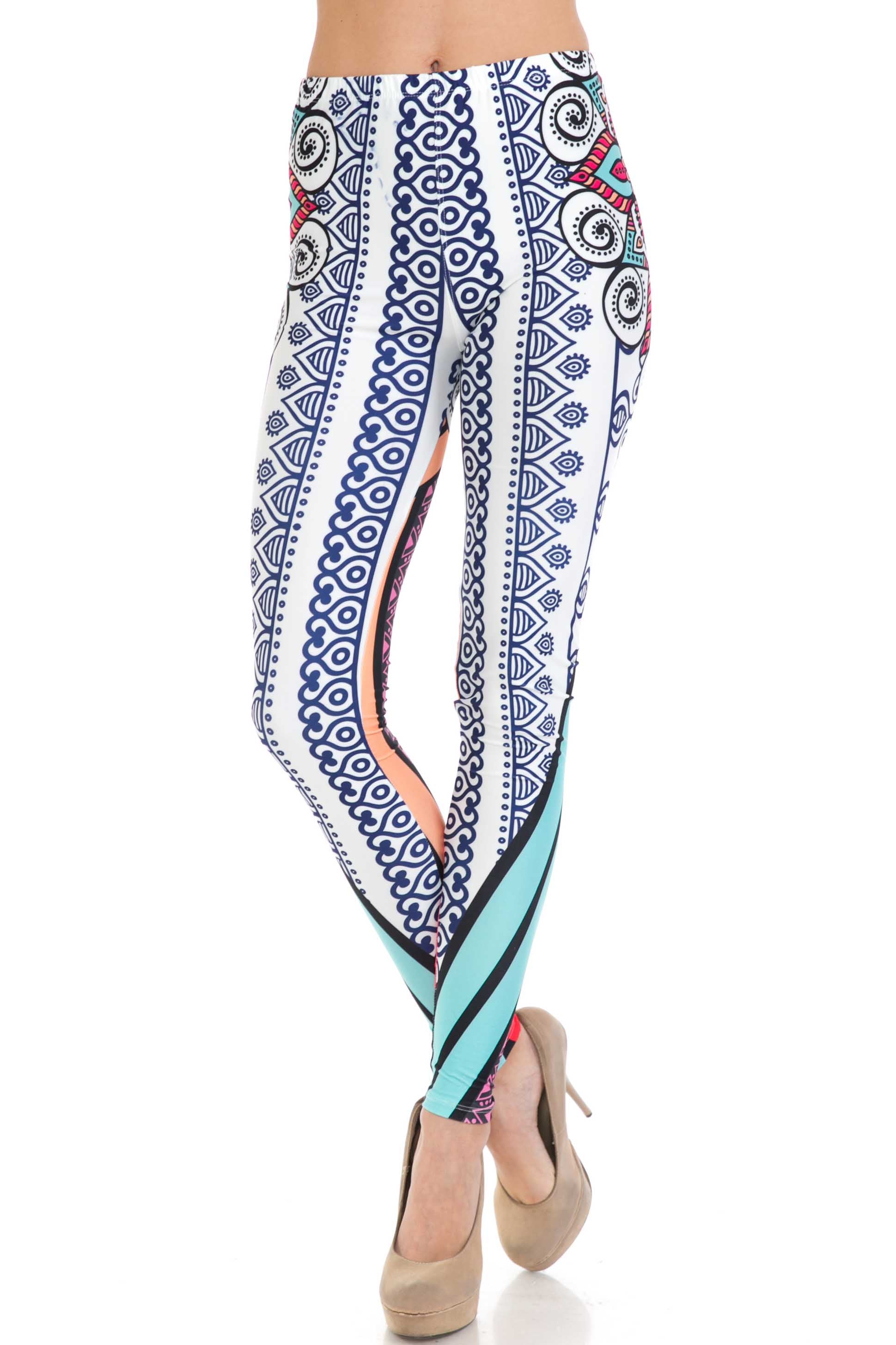 Creamy Soft Sexy Vertical Contouring Mandala Plus Size Leggings - USA Fashion (One Size Plus,Multi Color Bold)