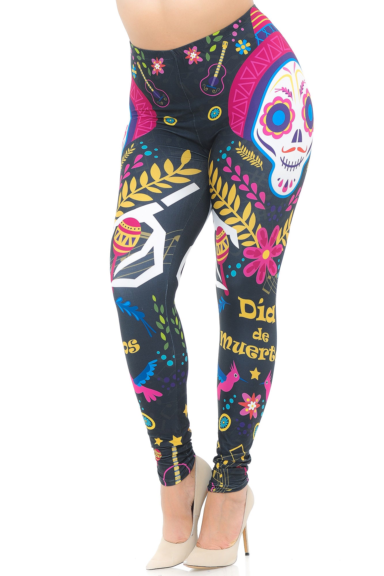 Creamy Soft Day of the Dead Plus Size Leggings - USA Fashion (One Size Plus,Multi Color Bold)
