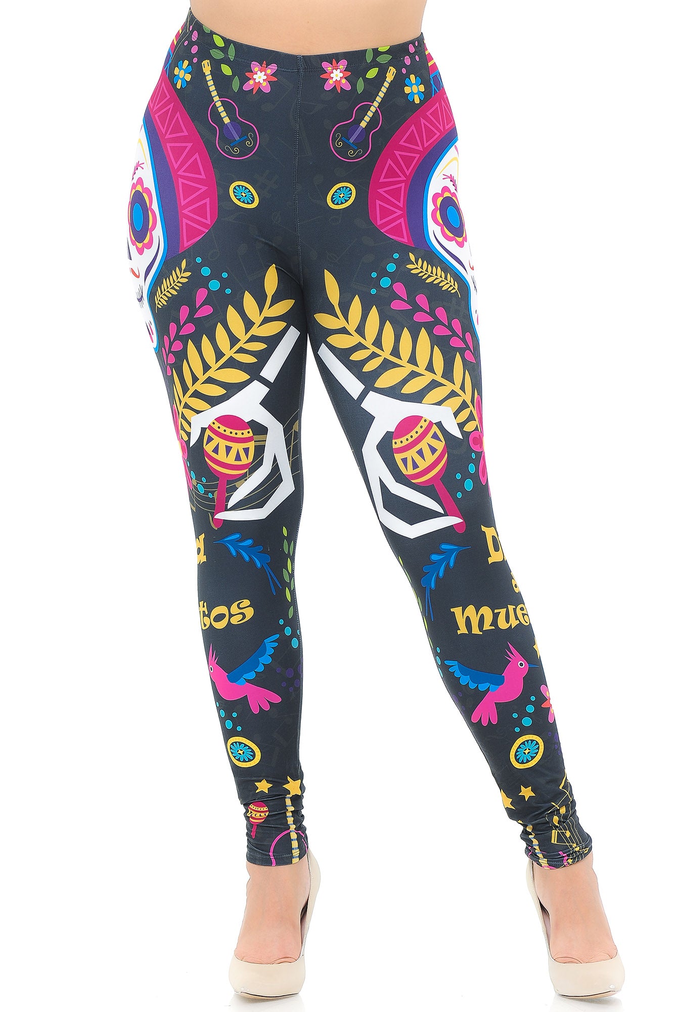 Creamy Soft Day of the Dead Plus Size Leggings - USA Fashion (One Size Plus,Multi Color Bold)