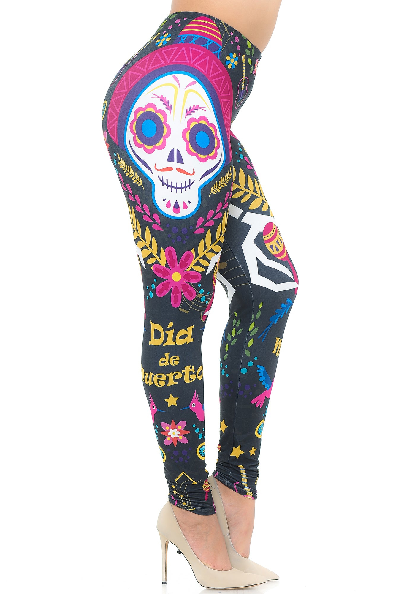 Creamy Soft Day of the Dead Plus Size Leggings - USA Fashion (One Size Plus,Multi Color Bold)