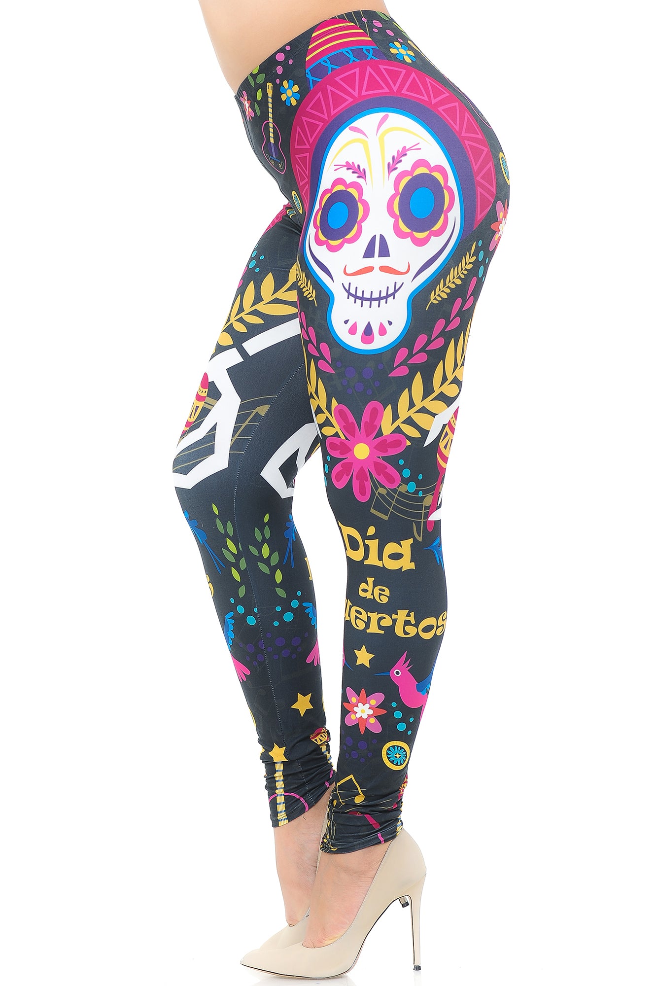 Creamy Soft Day of the Dead Plus Size Leggings - USA Fashion (One Size Plus,Multi Color Bold)