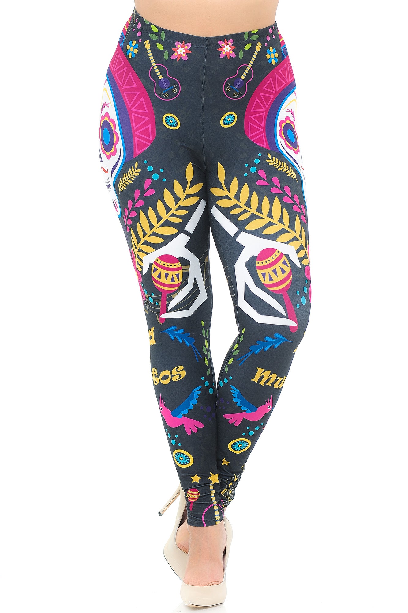 Creamy Soft Day of the Dead Plus Size Leggings - USA Fashion (One Size Plus,Multi Color Bold)