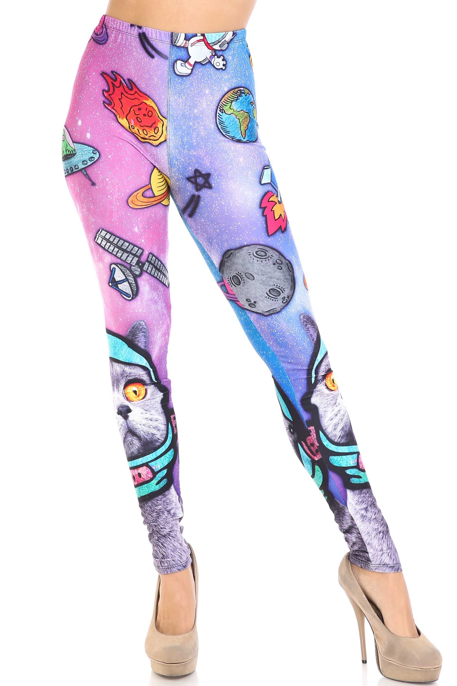 Creamy Soft Space Cat Plus Size Leggings - USA Fashion (One Size Plus,Blue)