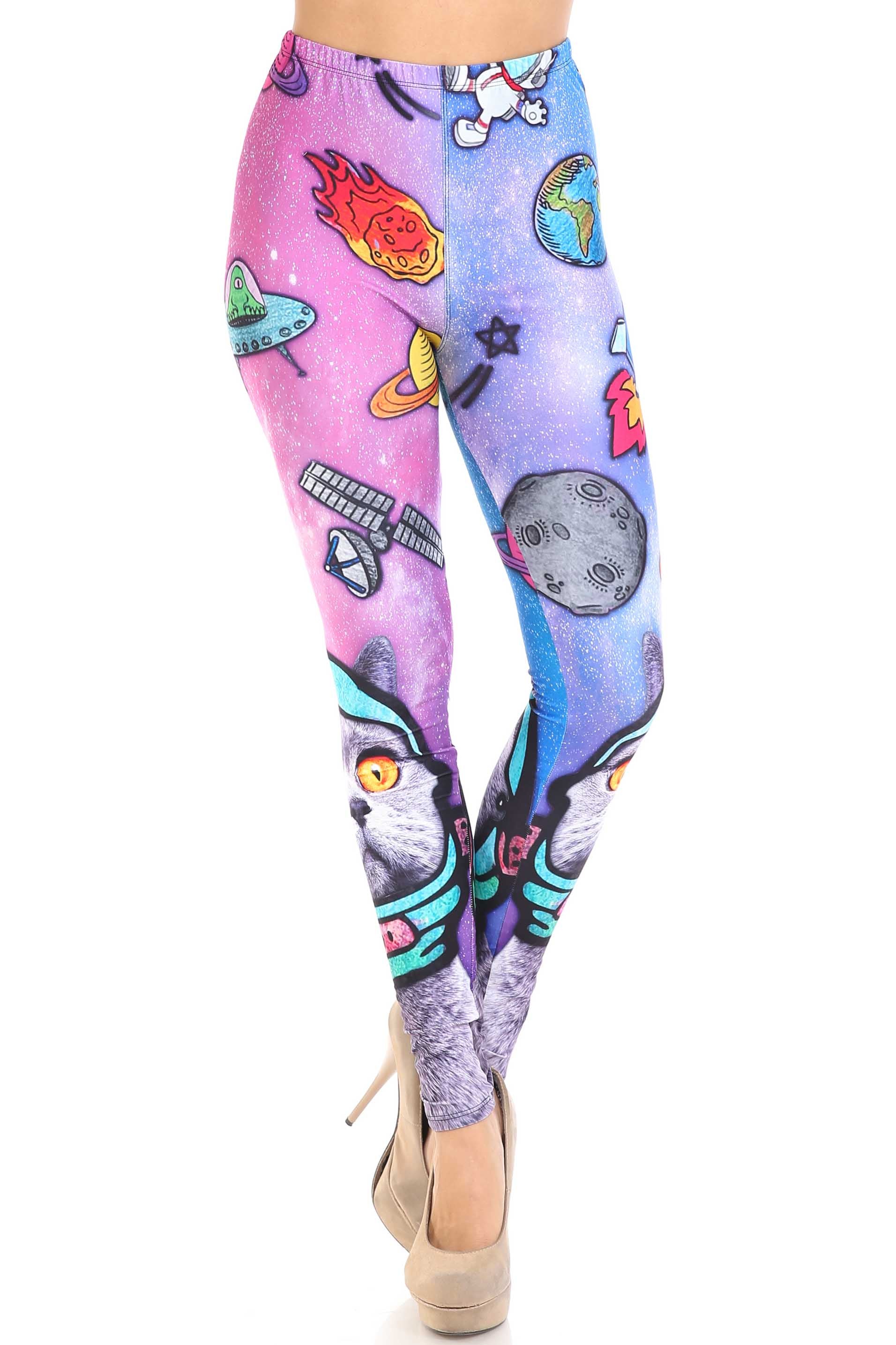 Creamy Soft Space Cat Plus Size Leggings - USA Fashion (One Size Plus,Blue)