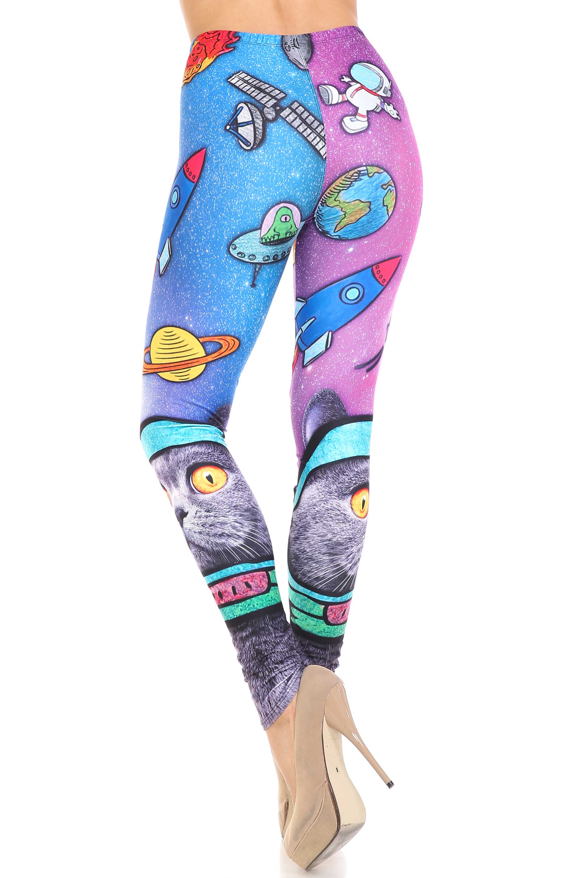 Creamy Soft Space Cat Plus Size Leggings - USA Fashion (One Size Plus,Blue)