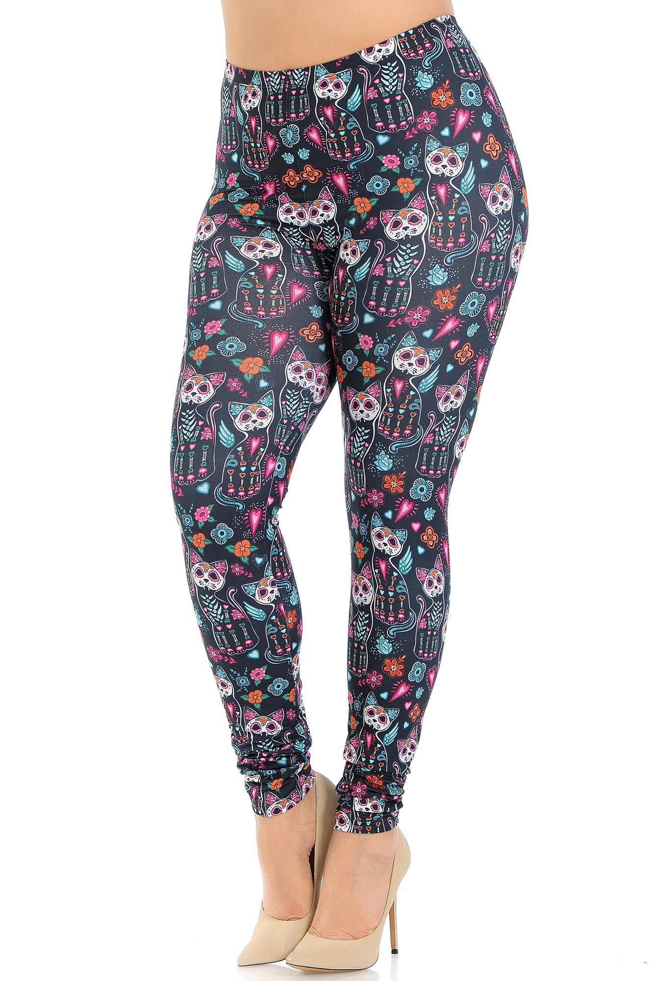 Creamy Soft Sugar Skull Kitty Cats Plus Size Leggings - USA Fashion (One Size Plus,Multi Color Bold)