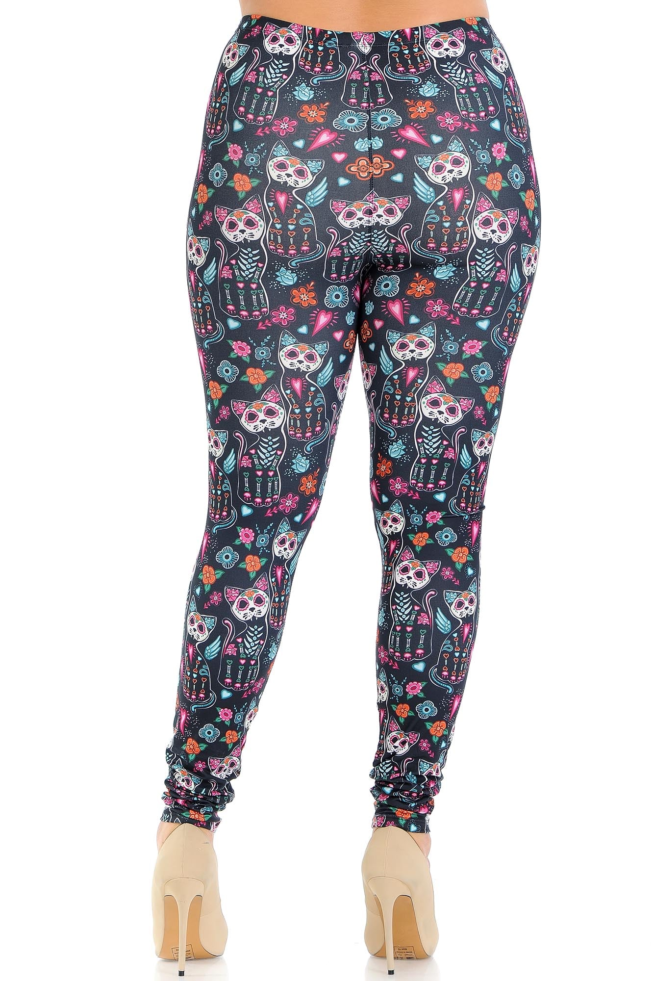 Creamy Soft Sugar Skull Kitty Cats Plus Size Leggings - USA Fashion (One Size Plus,Multi Color Bold)