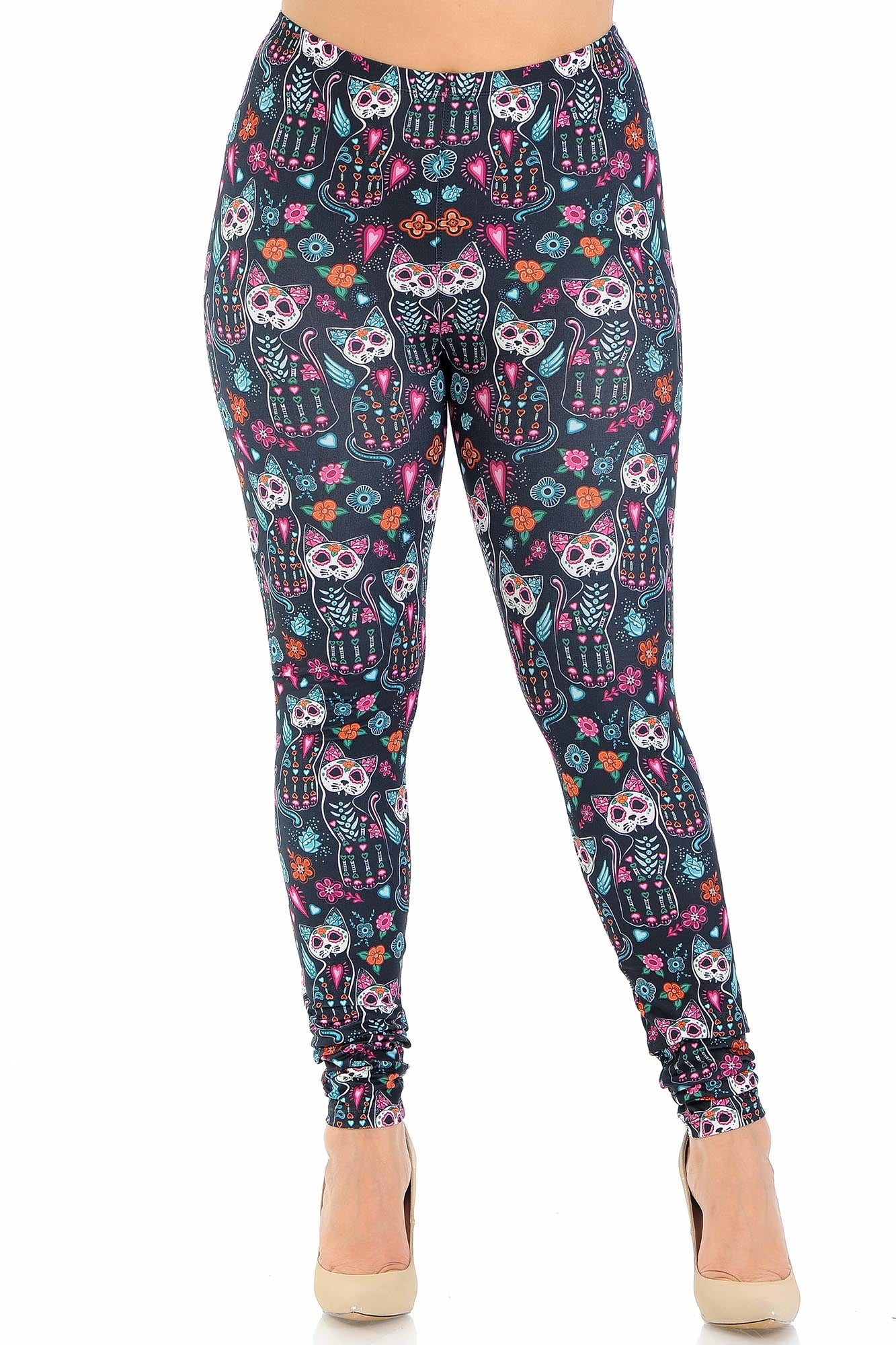 Creamy Soft Sugar Skull Kitty Cats Plus Size Leggings - USA Fashion (One Size Plus,Multi Color Bold)