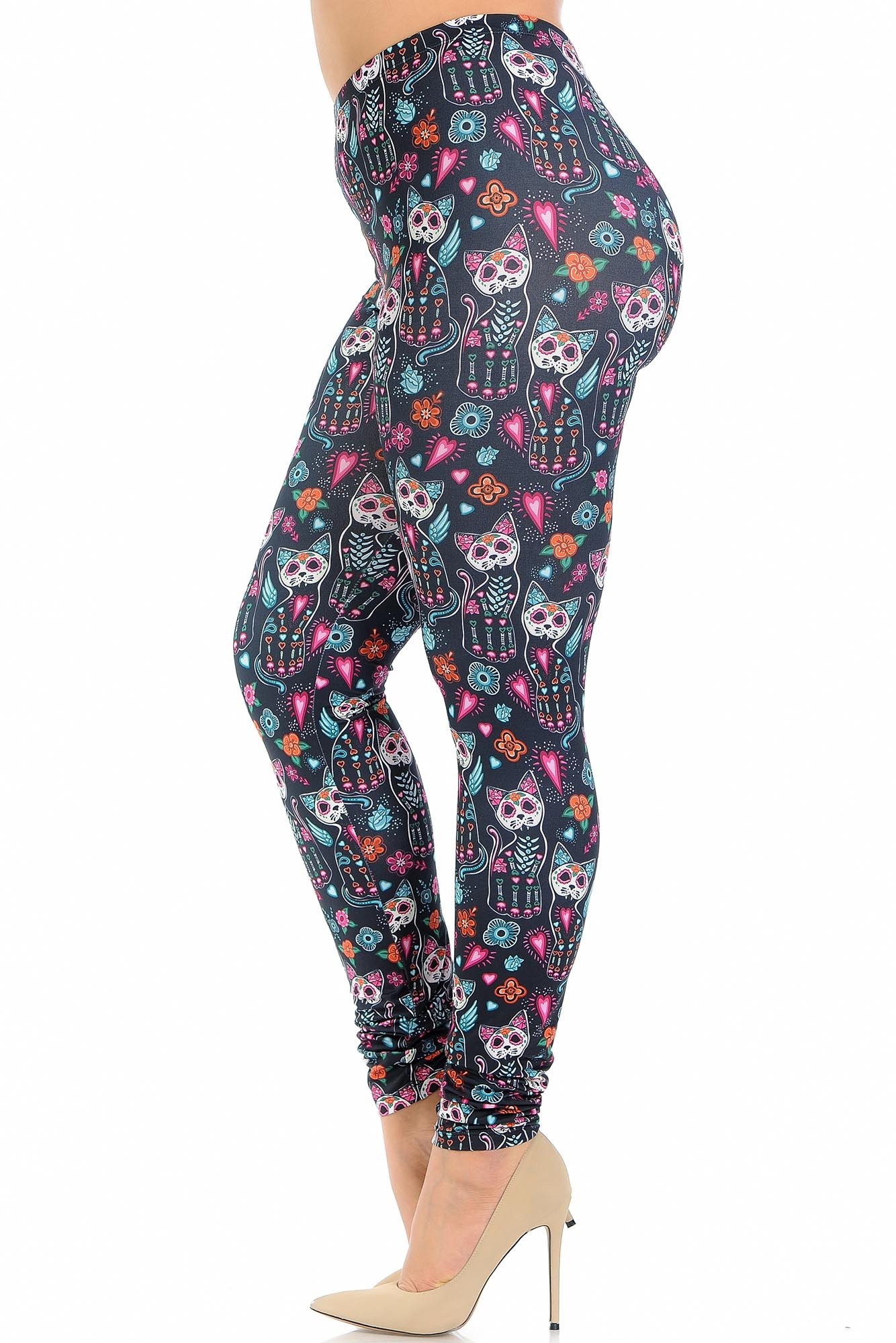 Creamy Soft Sugar Skull Kitty Cats Plus Size Leggings - USA Fashion (One Size Plus,Multi Color Bold)