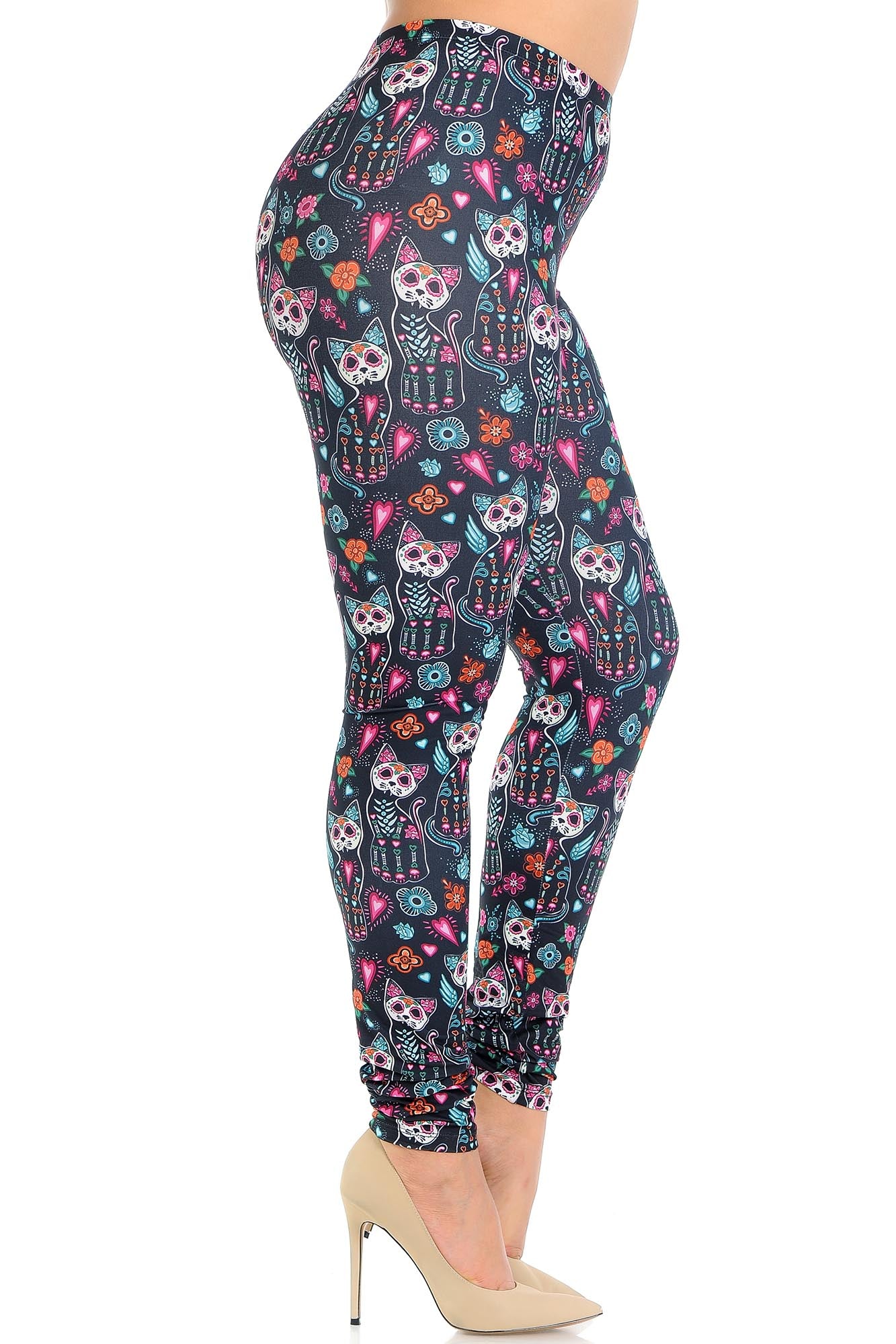 Creamy Soft Sugar Skull Kitty Cats Plus Size Leggings - USA Fashion (One Size Plus,Multi Color Bold)