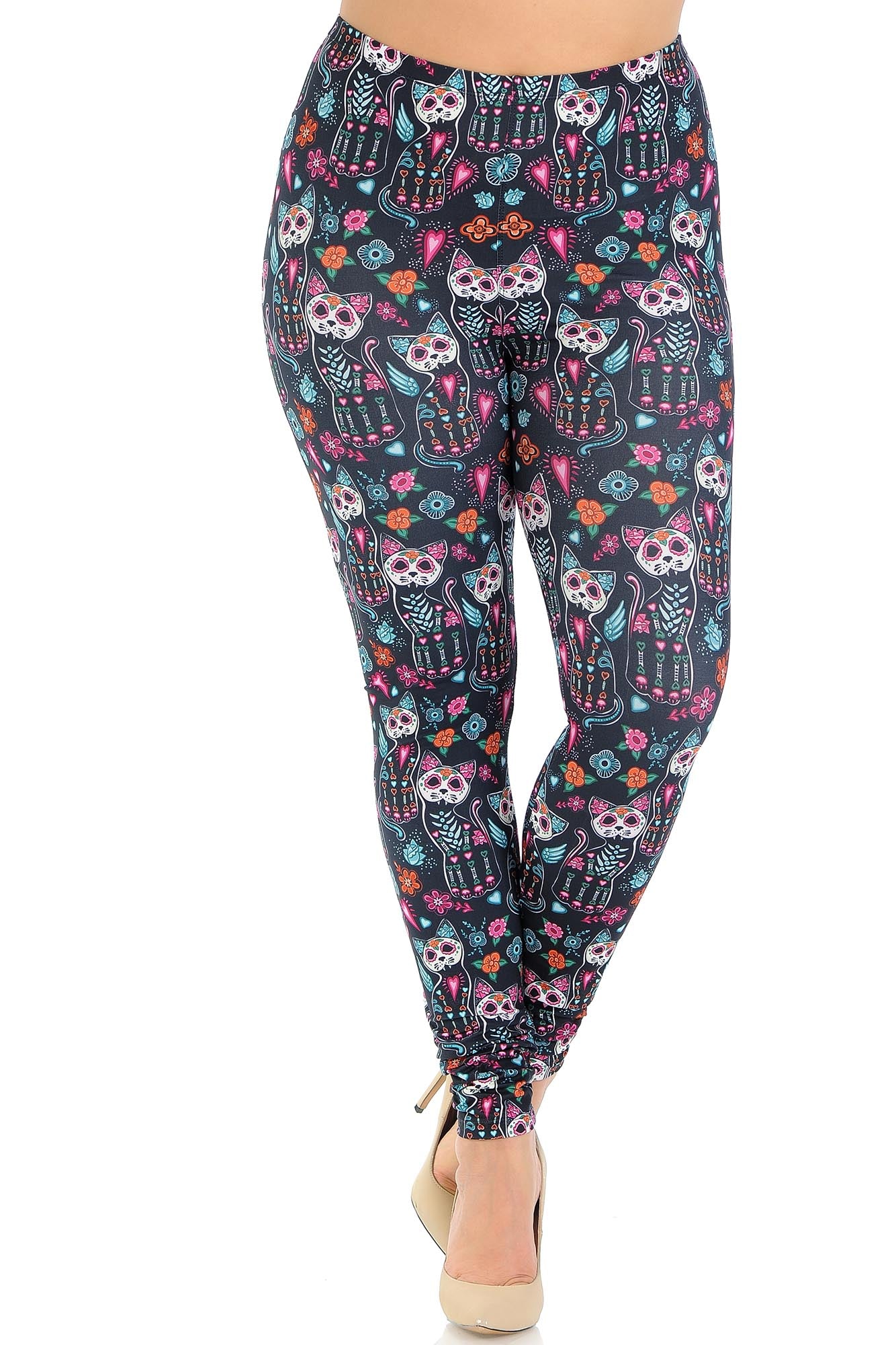 Creamy Soft Sugar Skull Kitty Cats Plus Size Leggings - USA Fashion (One Size Plus,Multi Color Bold)