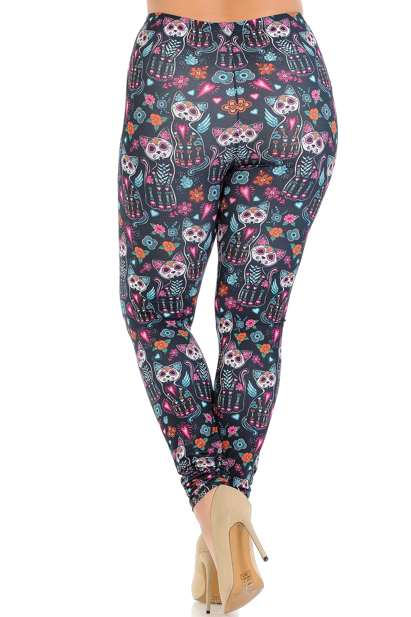 Creamy Soft Sugar Skull Kitty Cats Plus Size Leggings - USA Fashion (One Size Plus,Multi Color Bold)