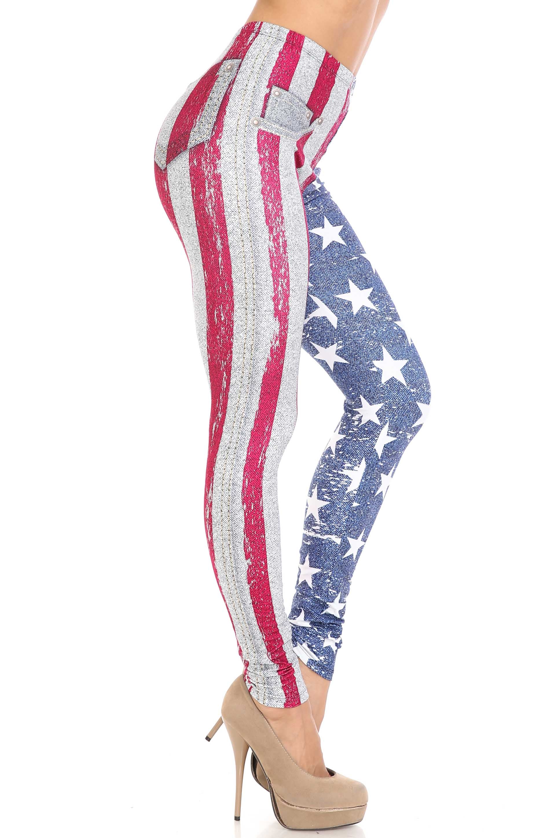 Creamy Soft USA Flag Denim Jeans Plus Size Leggings - USA Fashion (One Size Plus,Navy)
