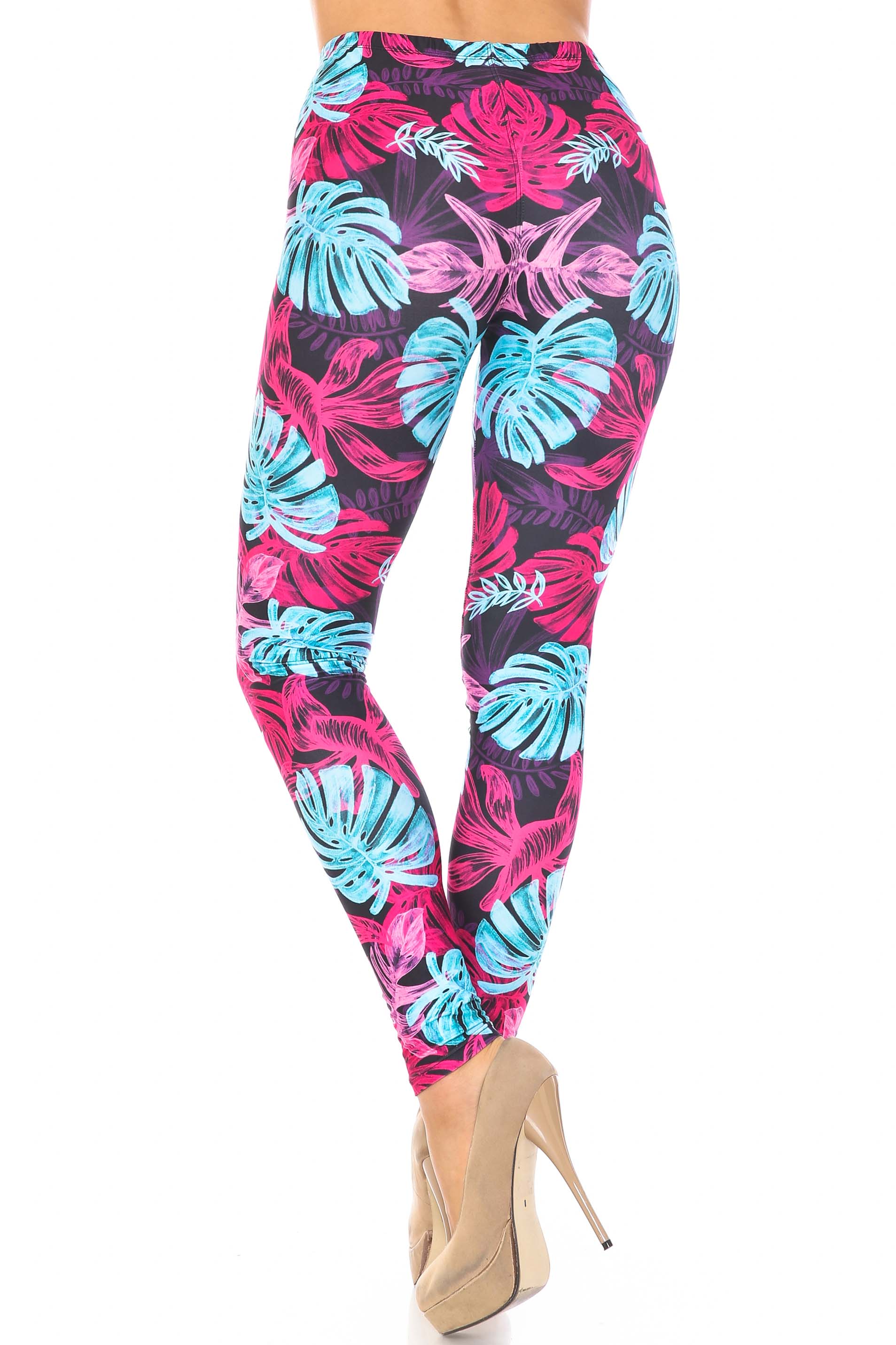 Creamy Soft Vivid Tropical Leaves Plus Size Leggings - USA Fashion (One Size Plus,Multi Color Bold)