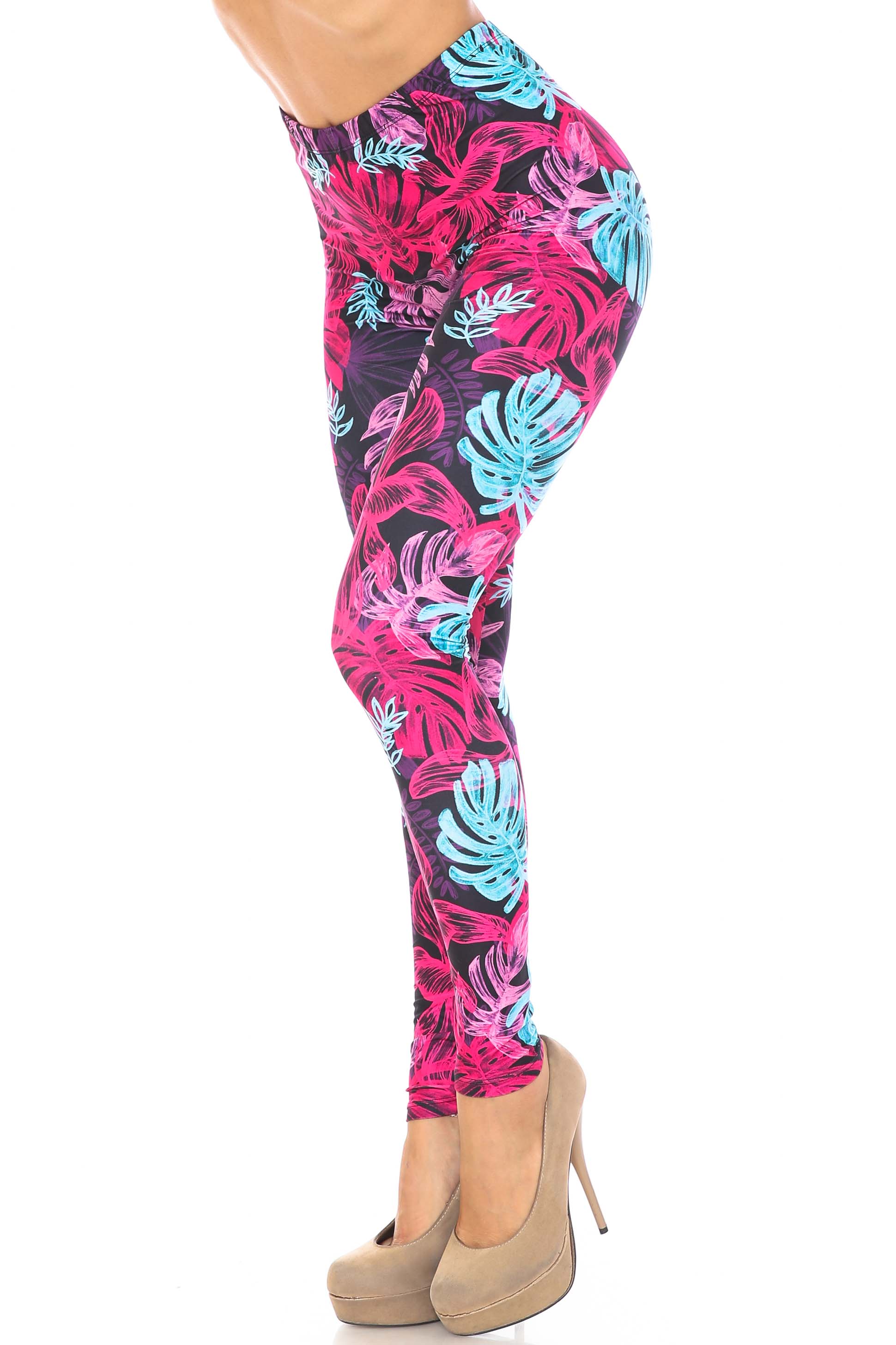 Creamy Soft Vivid Tropical Leaves Plus Size Leggings - USA Fashion (One Size Plus,Multi Color Bold)
