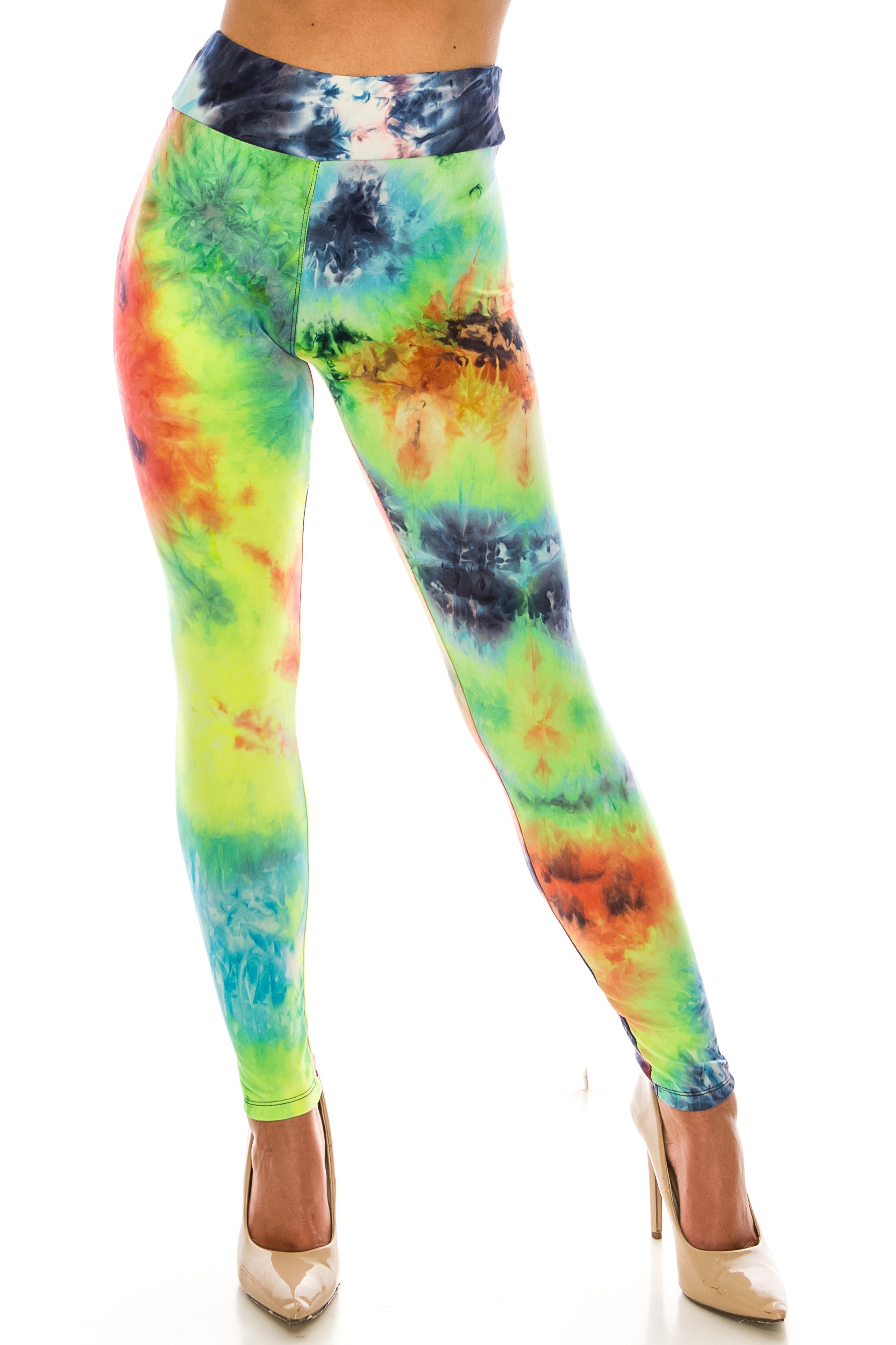 Buttery Soft Summer Yellow Tie Dye High Waisted Leggings - Plus Size (One Size Plus,Yellow)