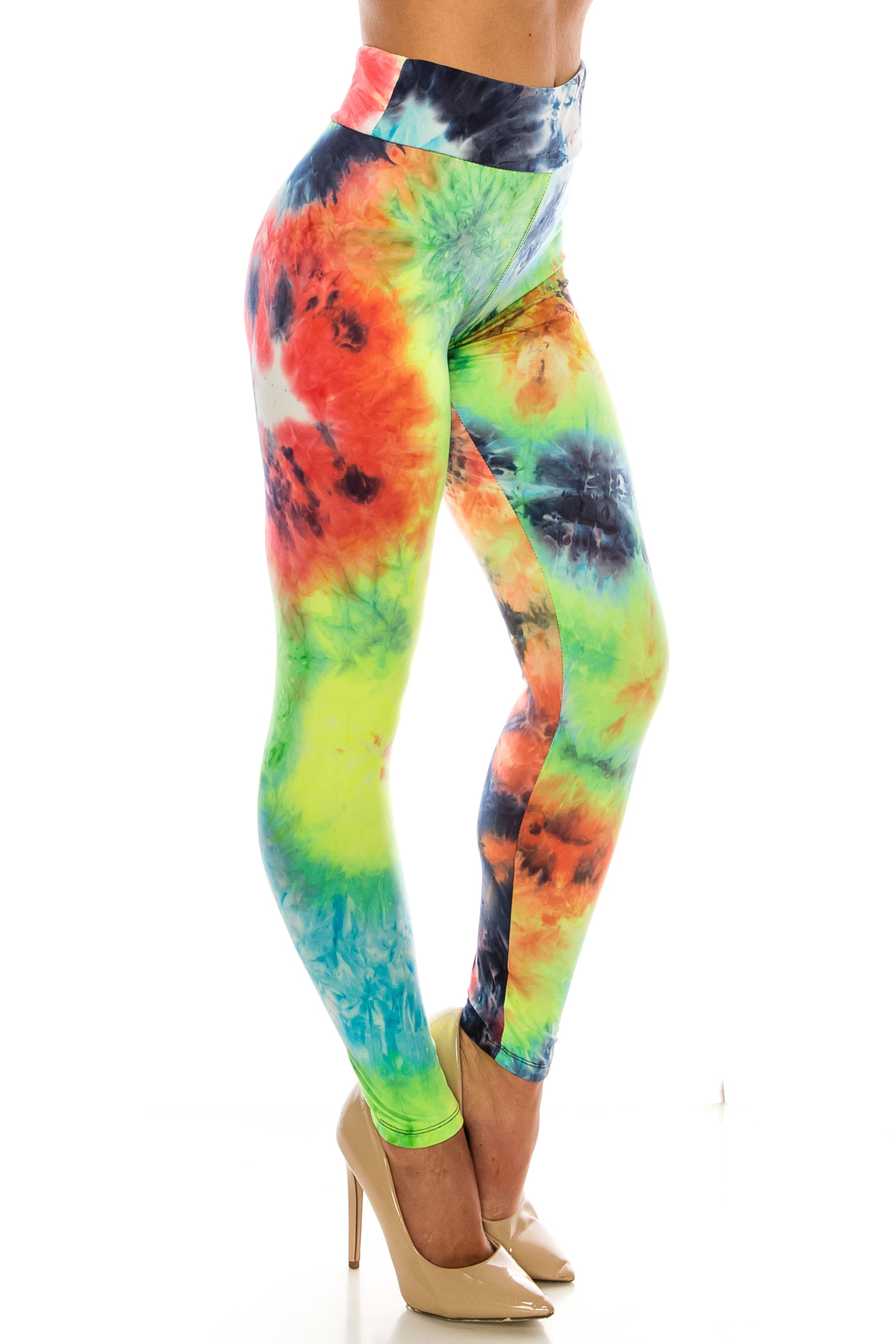 Buttery Soft Summer Yellow Tie Dye High Waisted Leggings - Plus Size (One Size Plus,Yellow)