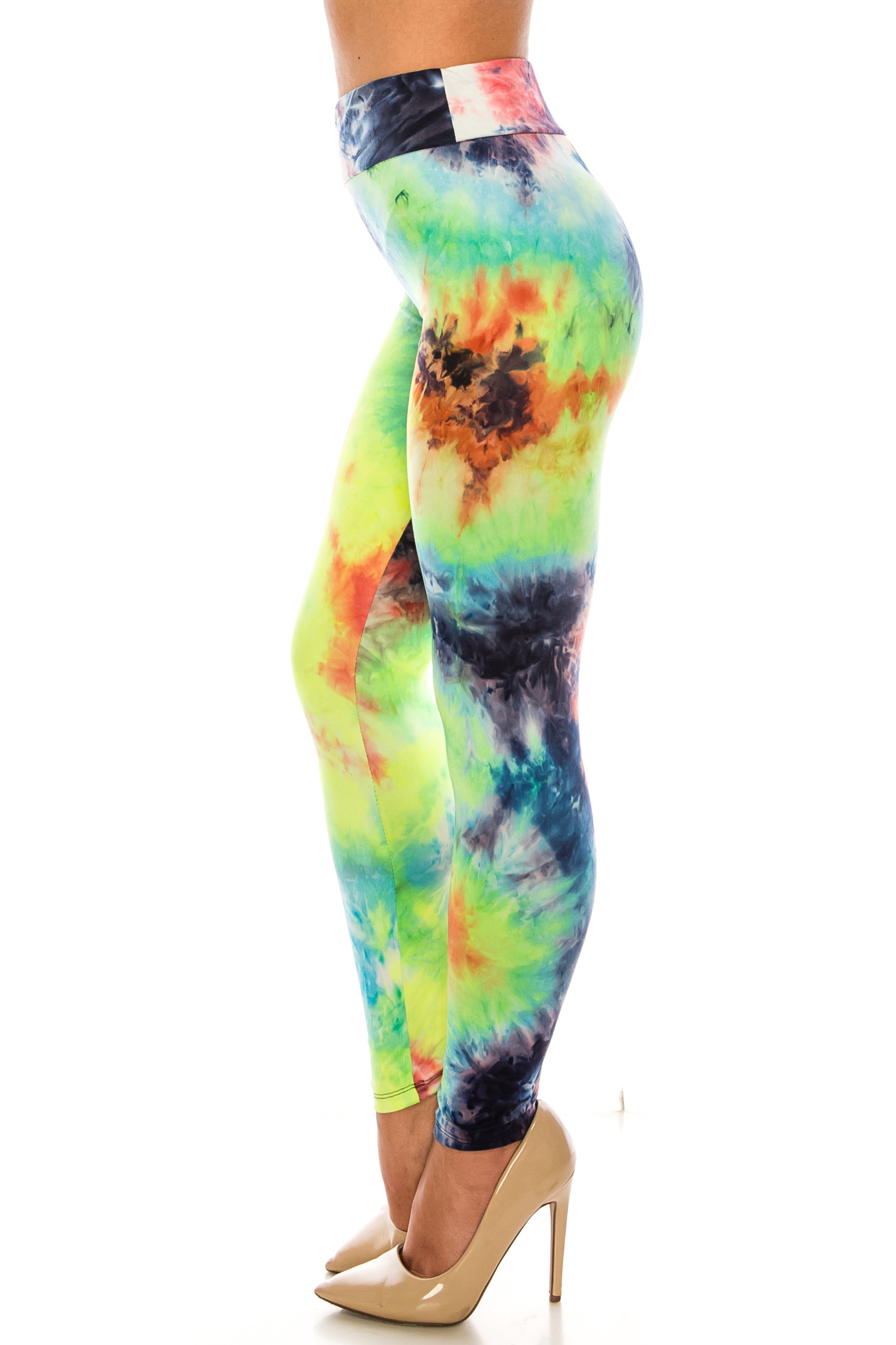 Buttery Soft Summer Yellow Tie Dye High Waisted Leggings - Plus Size (One Size Plus,Yellow)