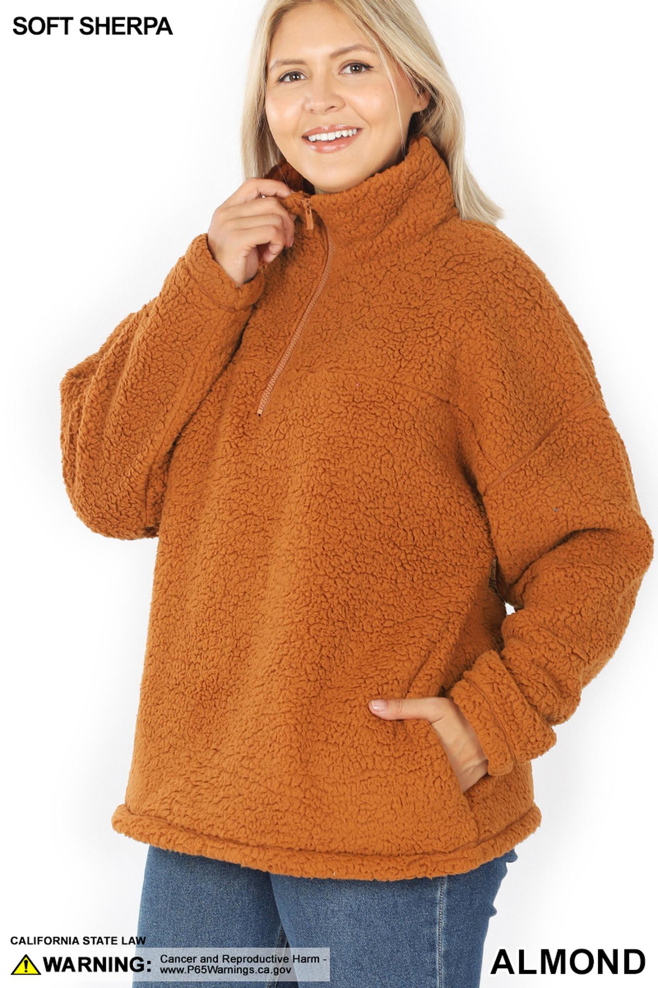 Sherpa Half Zip Plus Size Pullover with Side Pockets