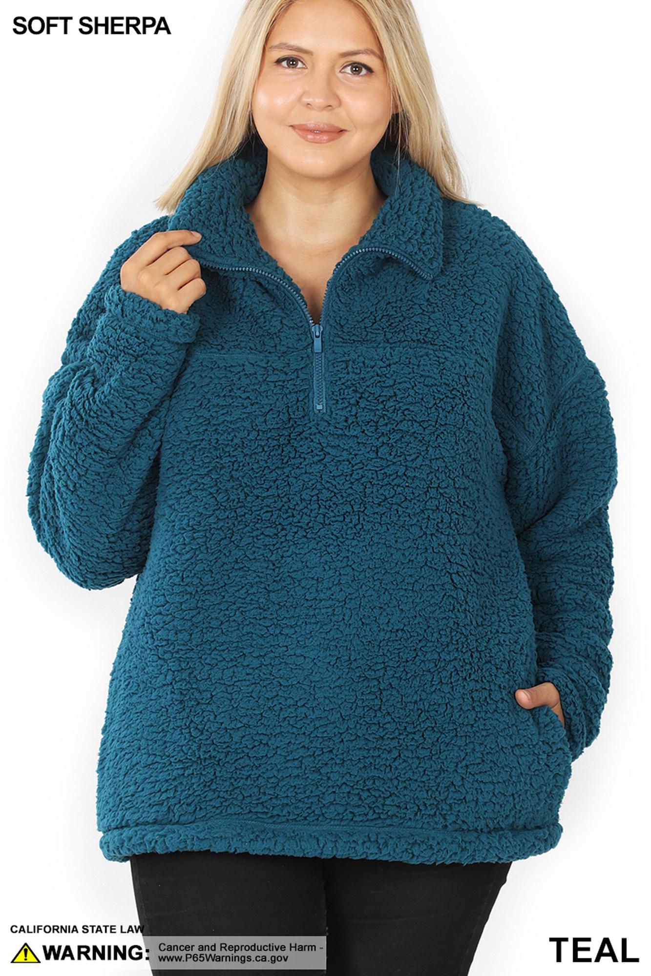 Sherpa Half Zip Plus Size Pullover with Side Pockets