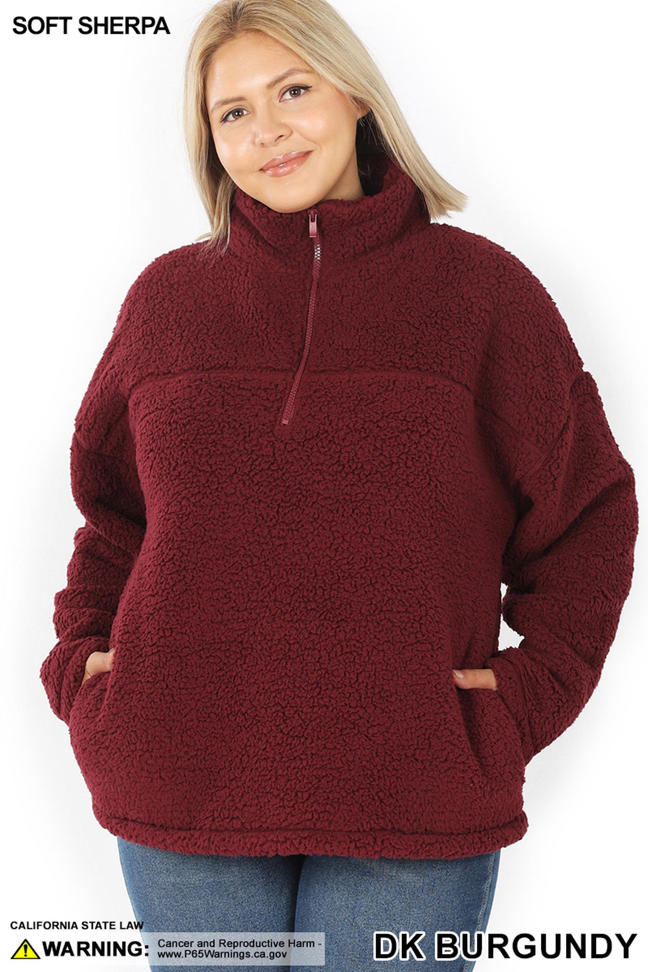Sherpa Half Zip Plus Size Pullover with Side Pockets