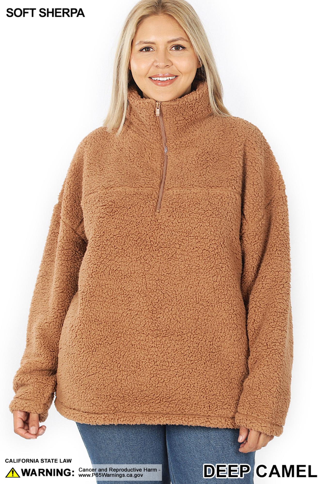 Sherpa Half Zip Plus Size Pullover with Side Pockets