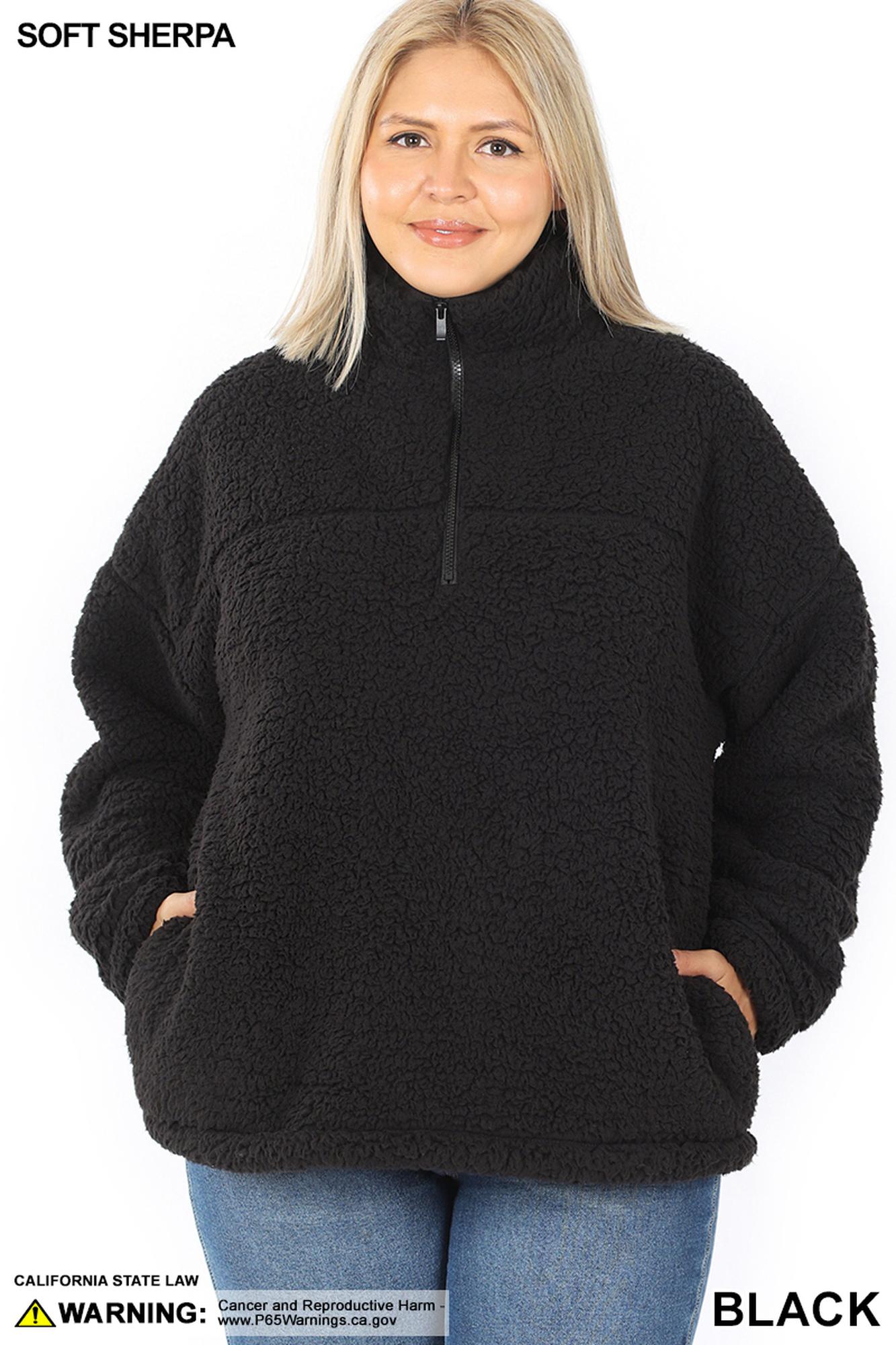 Sherpa Half Zip Plus Size Pullover with Side Pockets