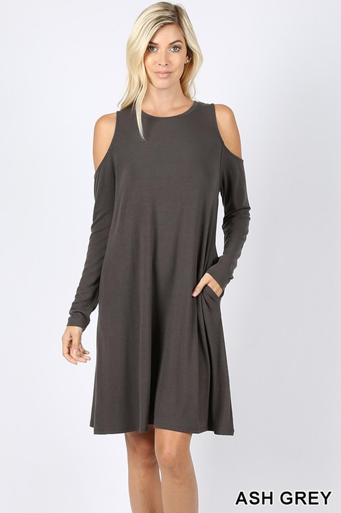 Premium Long Sleeve Cold Shoulder Rayon Tunic / Dress with Pockets