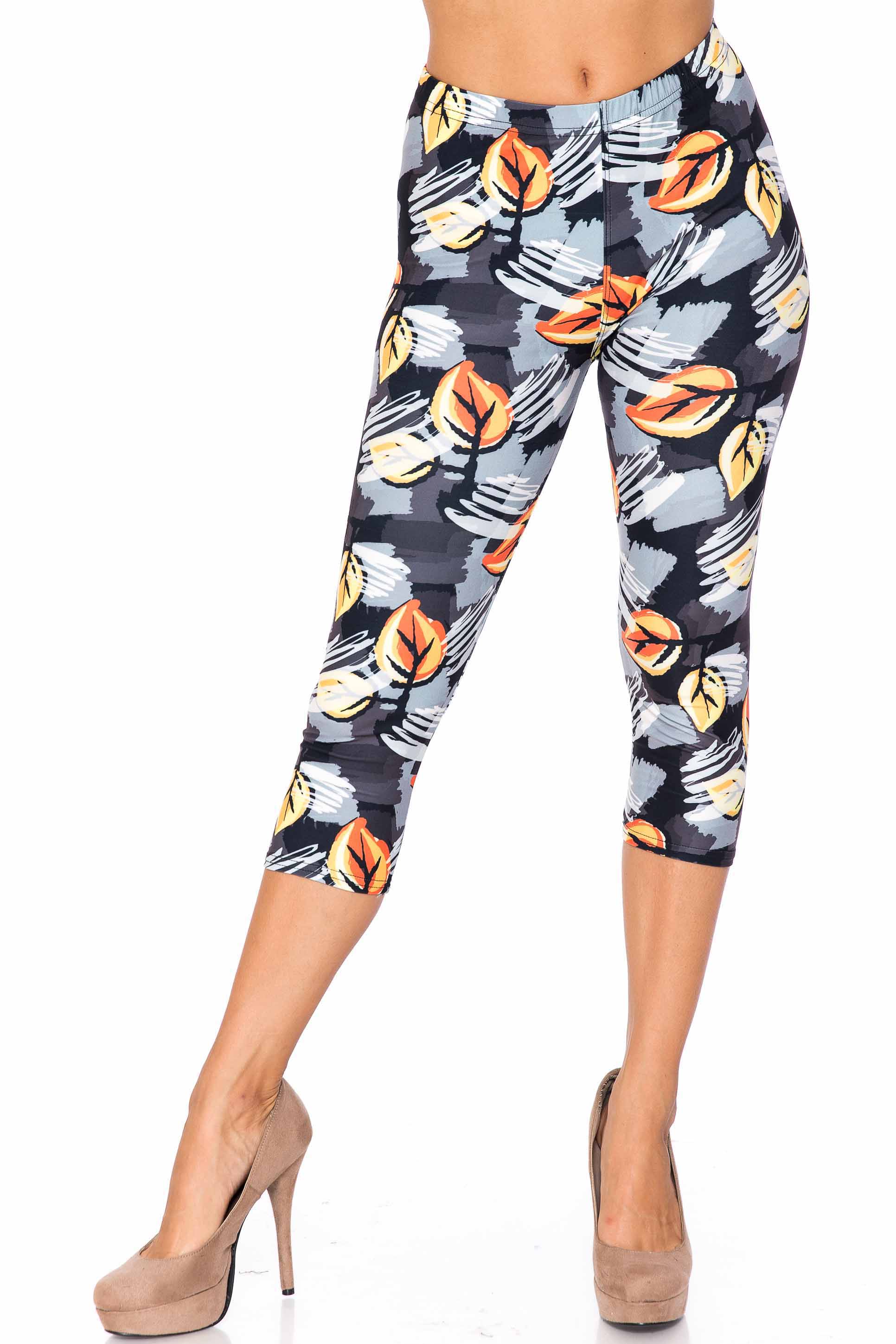 Creamy Soft Orange Leaf Breeze Capris - USA Fashion (One Size Regular,Charcoal)