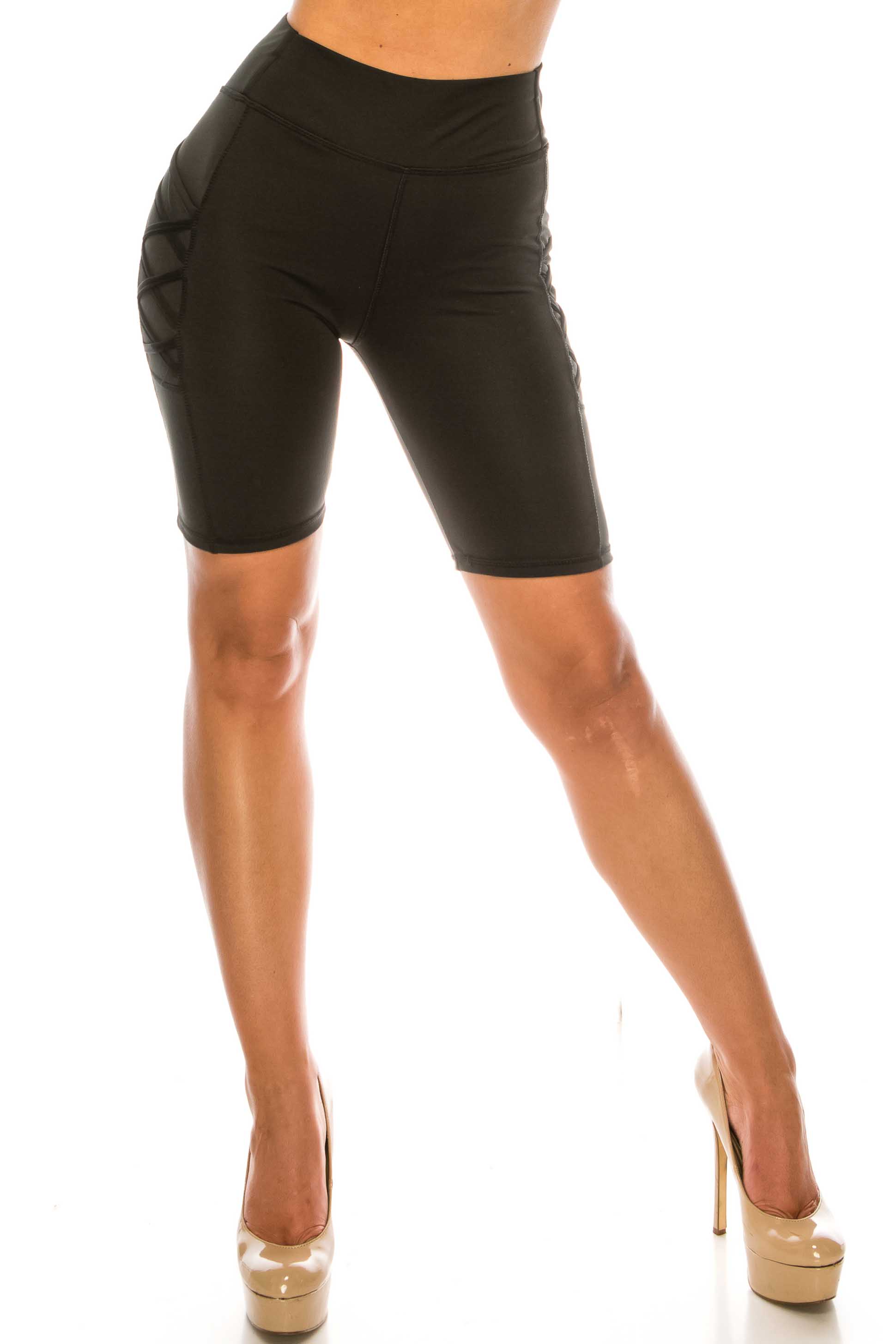 Solid Black Crisscross Detail High Waist Sport Biker Shorts with Side Pocket