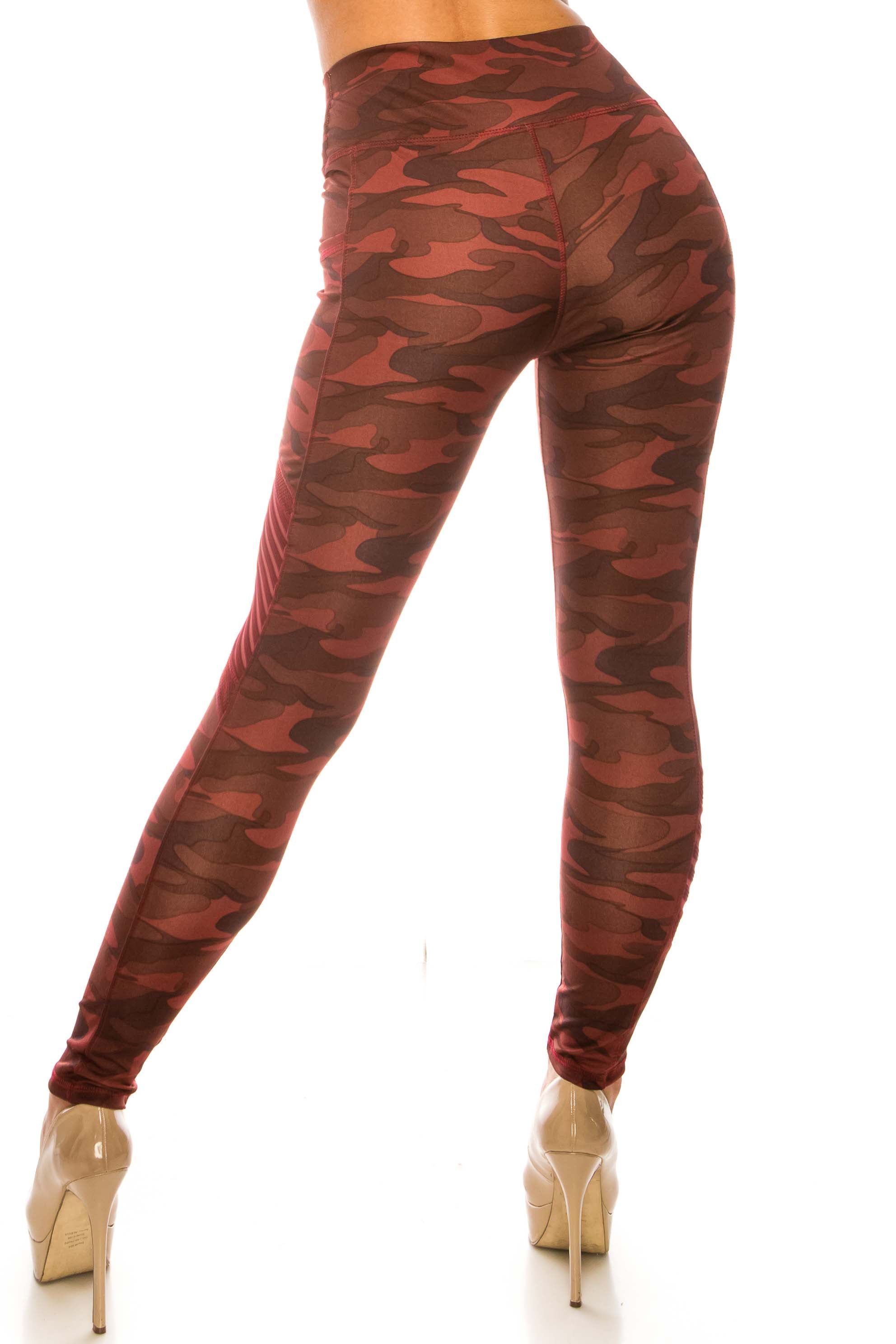Burgundy Camouflage Serrated Mesh High Waisted Sport Leggings