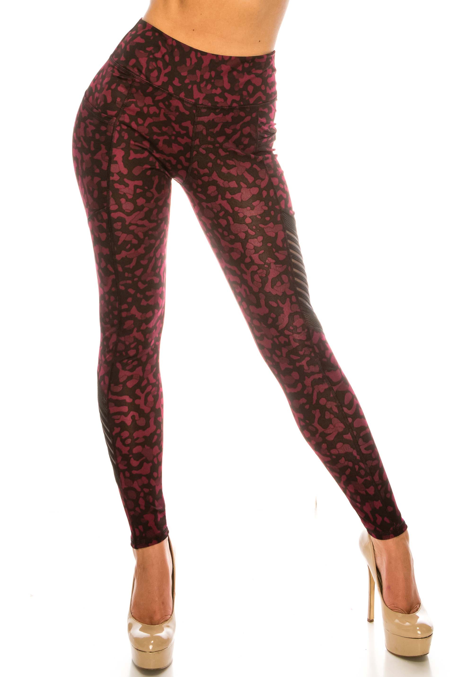 Burgundy Leopard Serrated Mesh High Waisted Sport Leggings