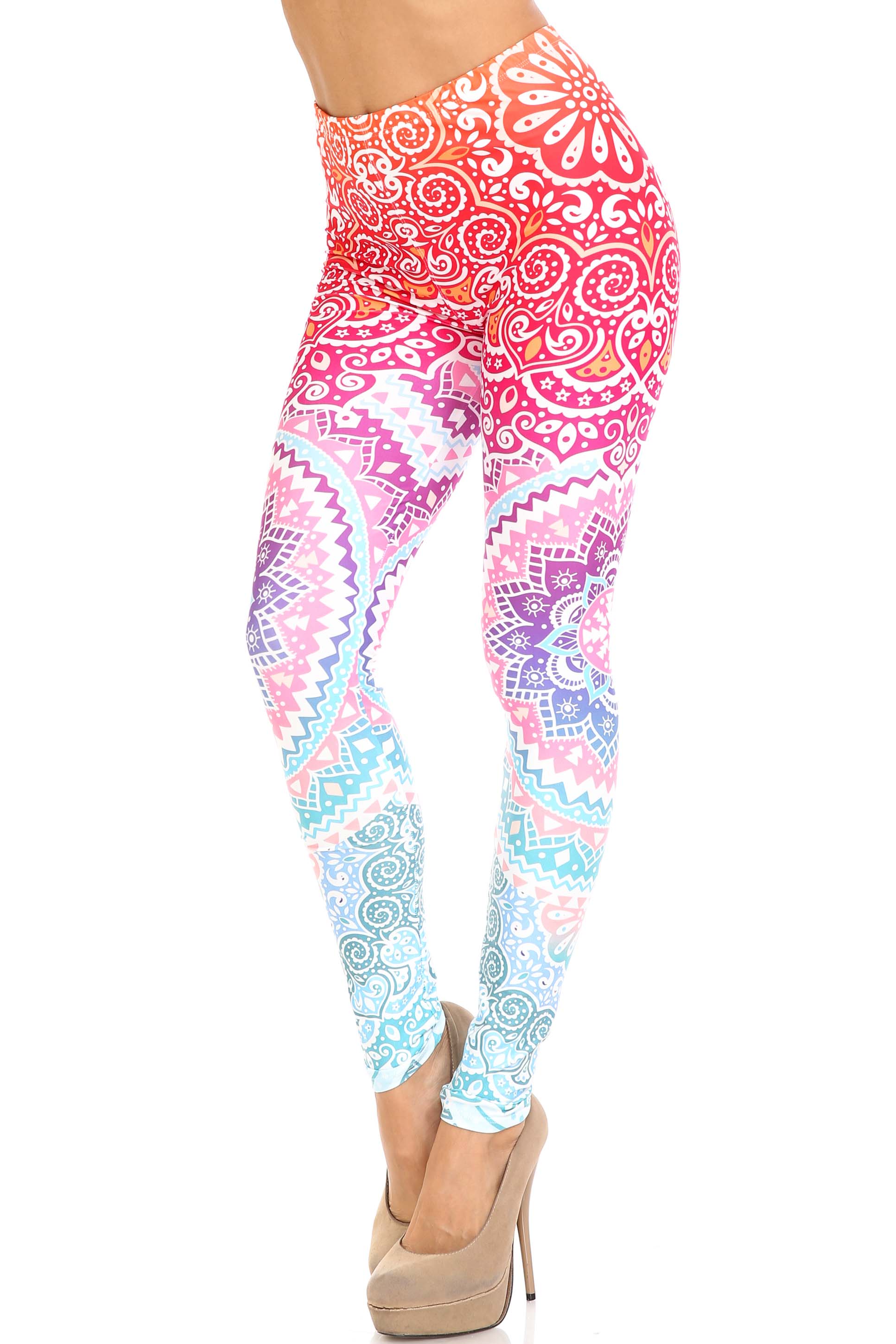 Creamy Soft Ombre Mandala Aztec Leggings - USA Fashion (One Size Regular,Multi Color Pastel)
