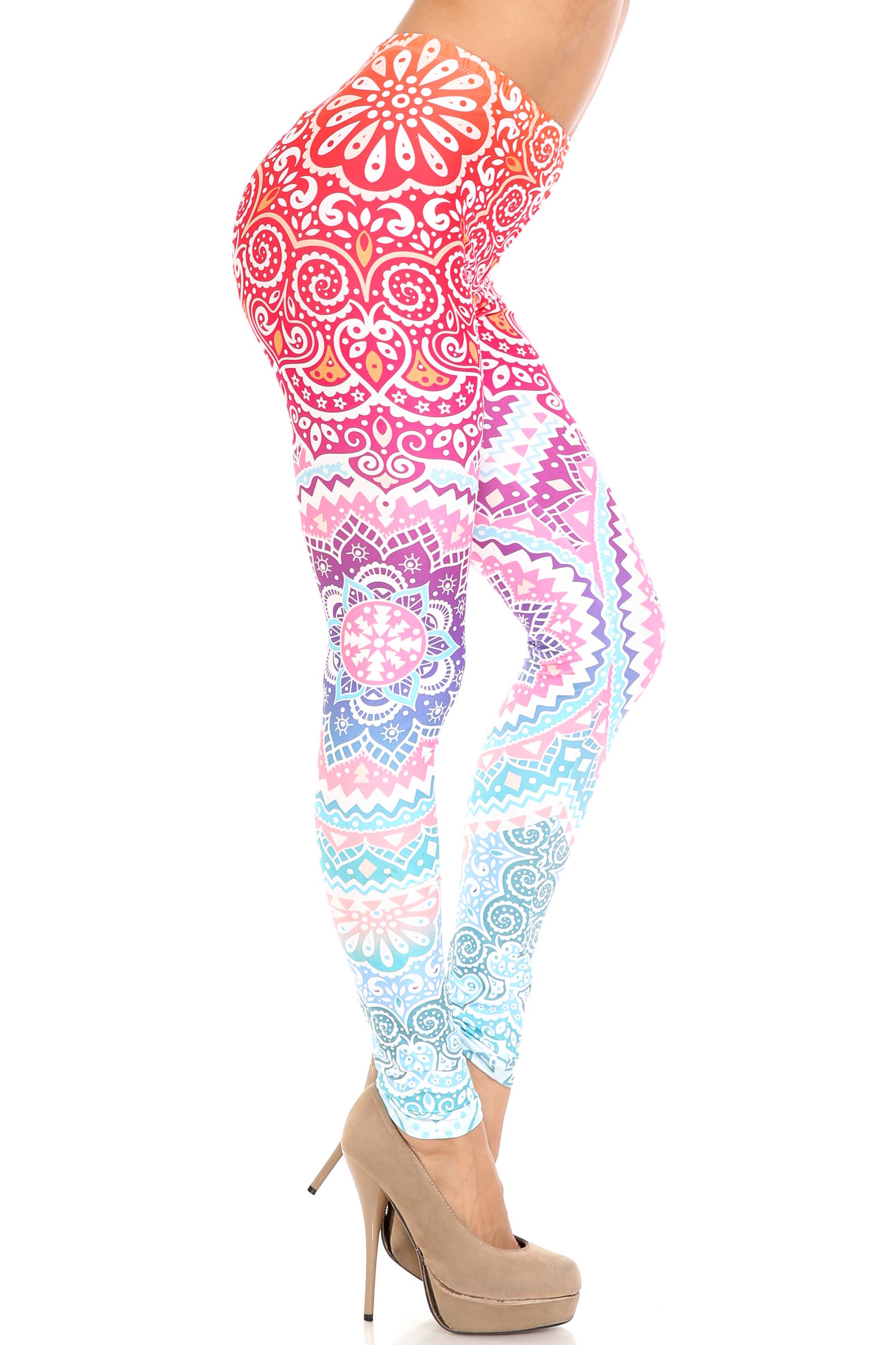 Creamy Soft Ombre Mandala Aztec Leggings - USA Fashion (One Size Regular,Multi Color Pastel)
