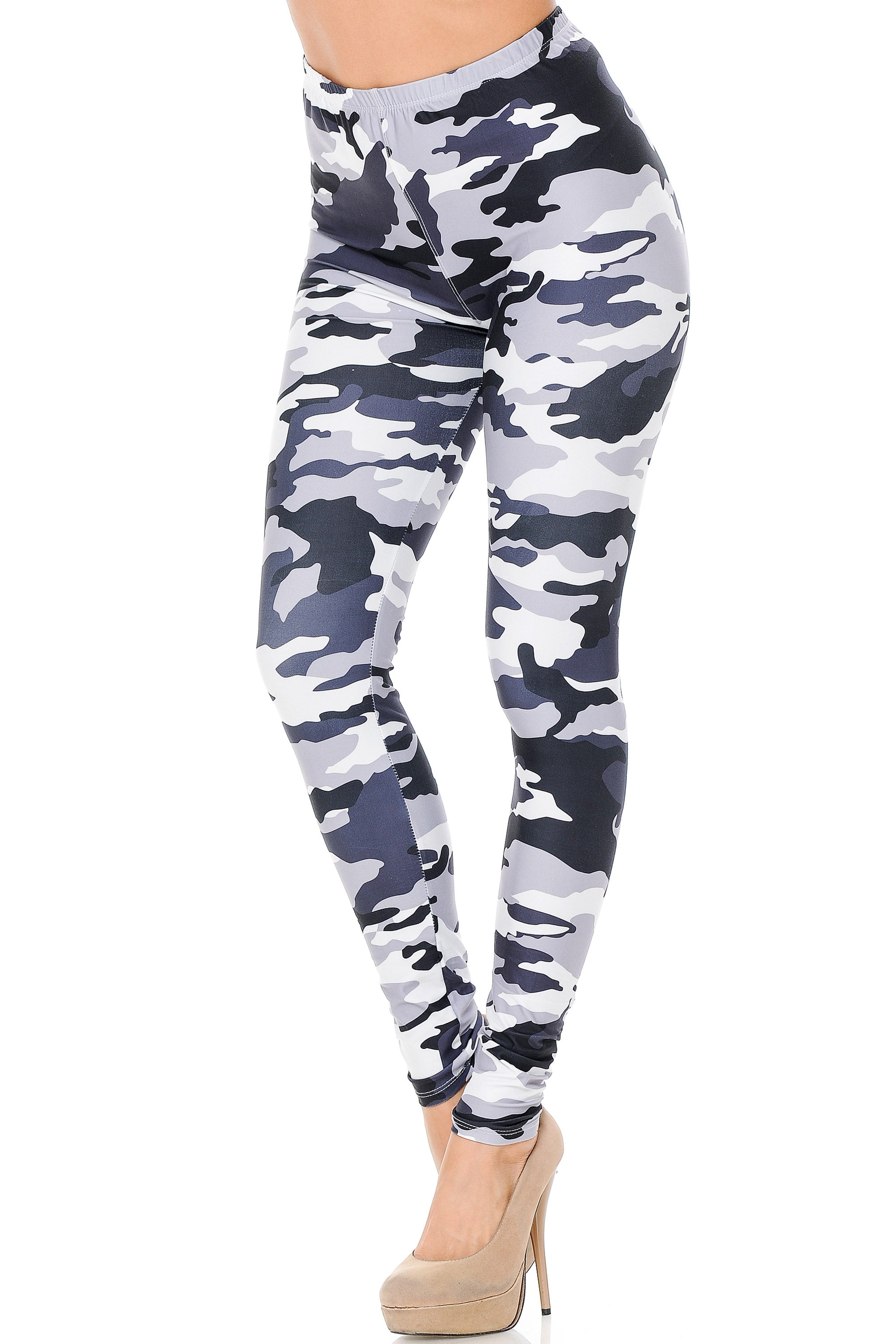 Creamy Soft Black and White Camouflage Leggings (One Size Regular,Charcoal)