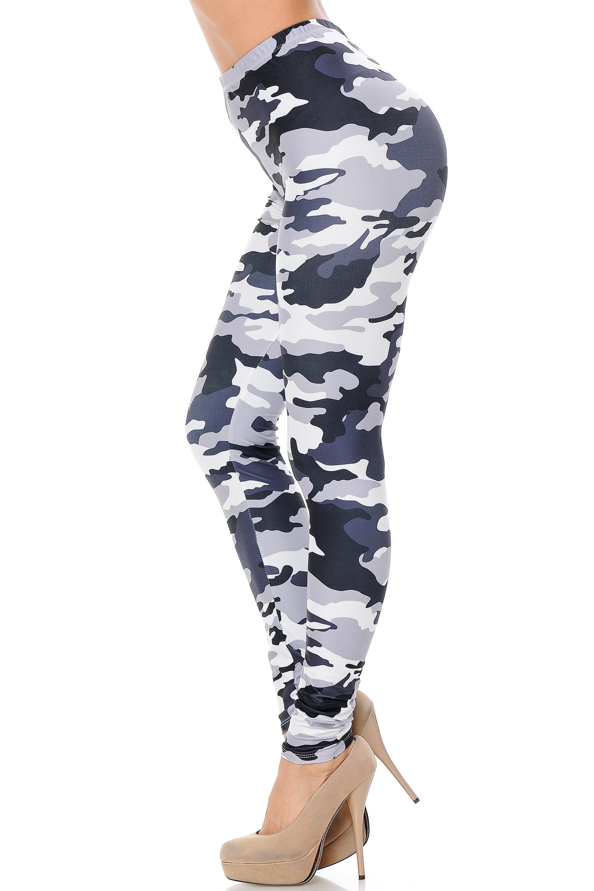 Creamy Soft Black and White Camouflage Leggings (One Size Regular,Charcoal)
